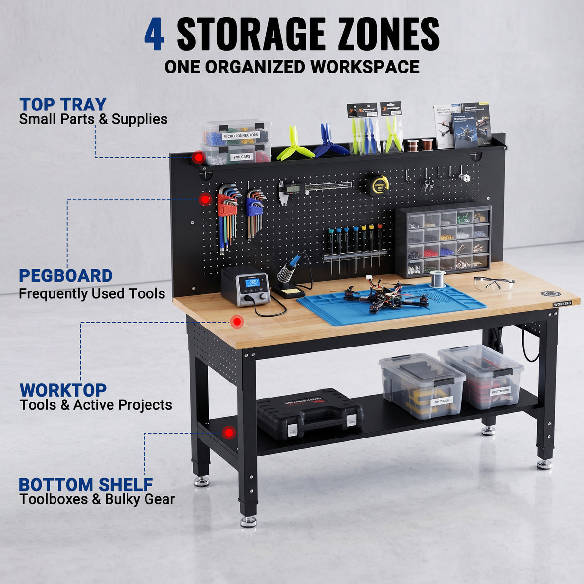 WORKPRO 60"x22" Garage Workbench with Storage, 2000 LBS, Pegboard