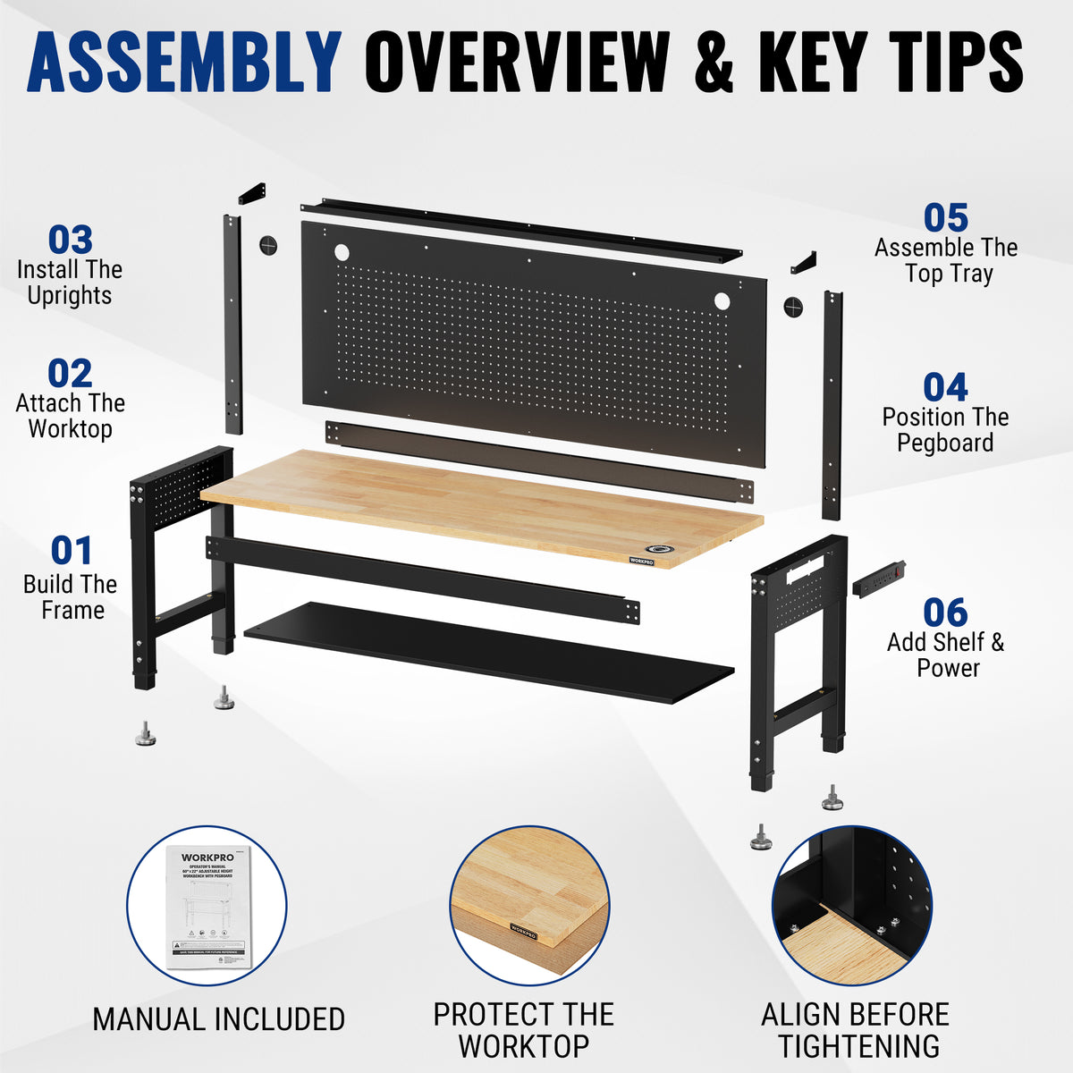 WORKPRO 60"x22" Garage Workbench with Storage, 2000 LBS, Pegboard