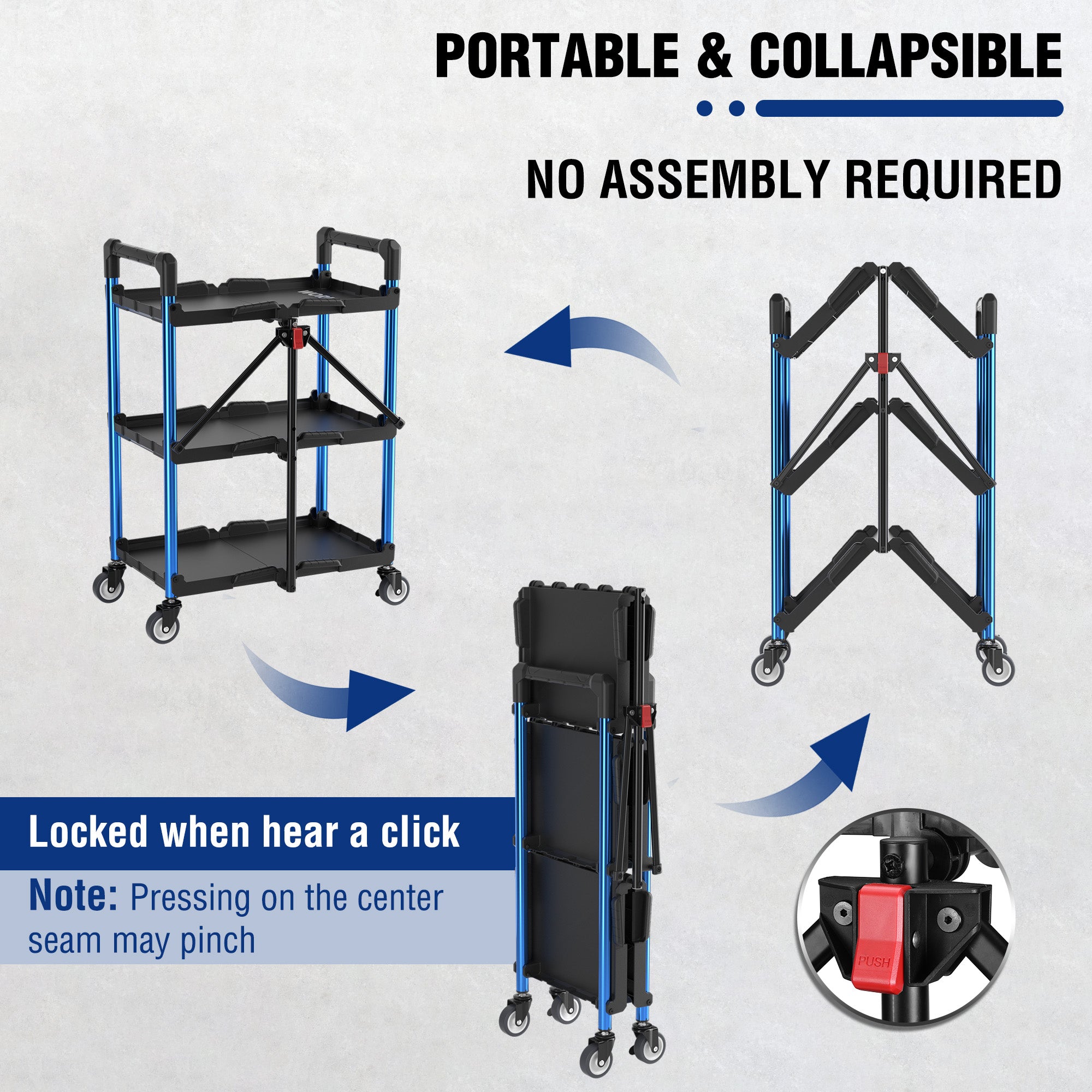 Collapsible three-tier service cart with black shelves, blue frame, four swivel wheels