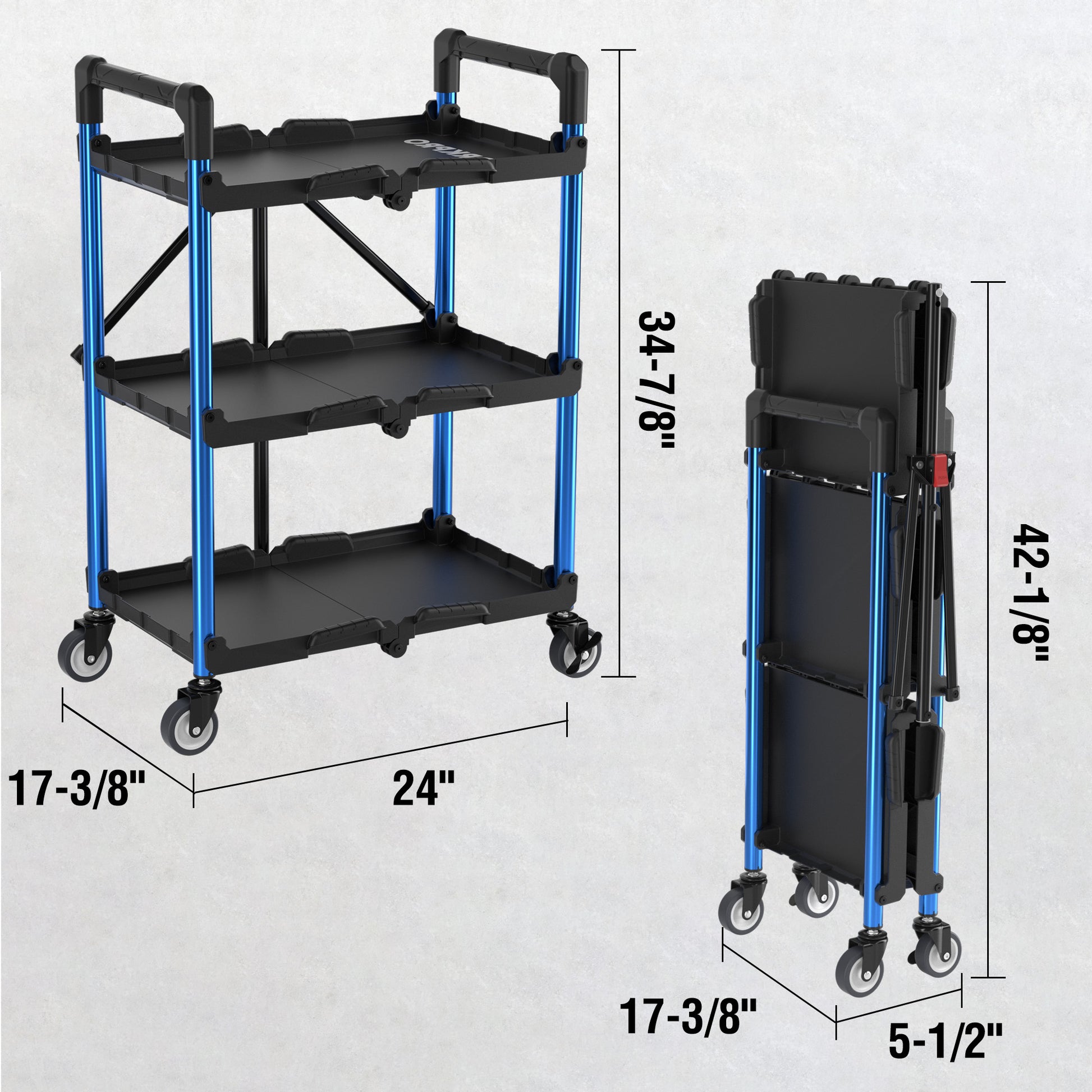 Three-tier service cart with blue frame and black shelves, on smooth-rolling wheels