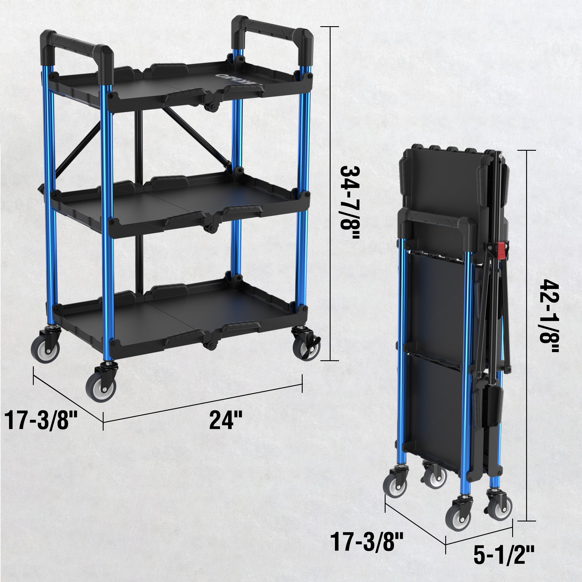 Three-tier service cart with blue frame and black shelves, on smooth-rolling wheels