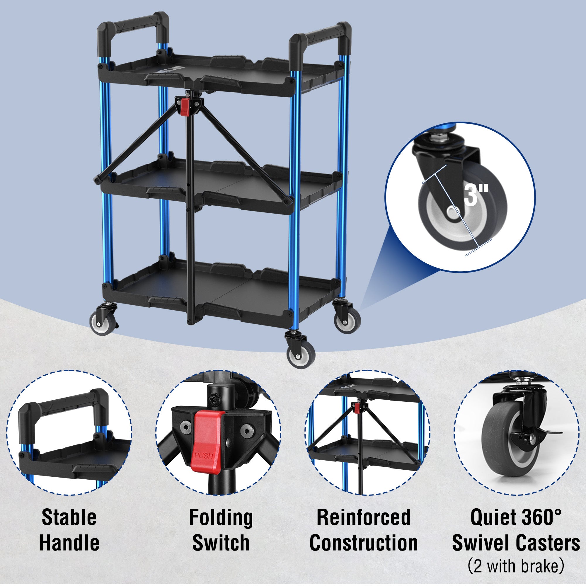 Three-tier collapsible service cart with reinforced legs and quiet 360° swivel casters