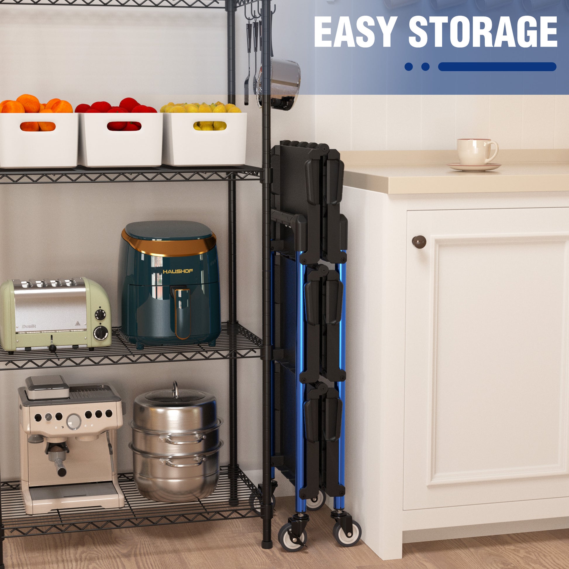 Collapsed three-tier service cart beside shelving, black panels, blue legs, caster wheels