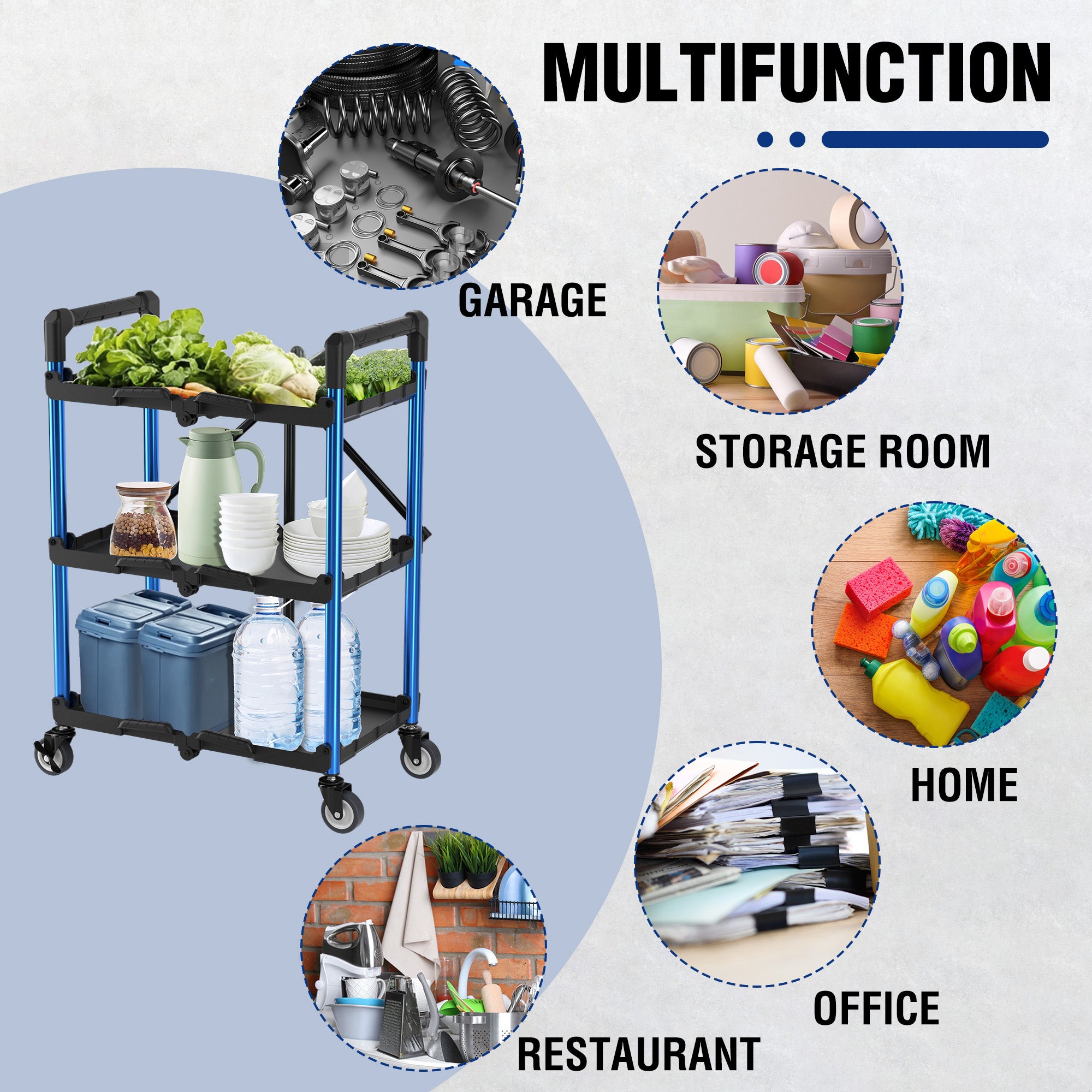 Three-tier service cart stocked with pantry and office supplies, blue frame, black shelves