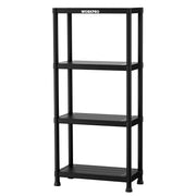 Black 4-tier plastic storage shelf, open frame with three fixed shelves