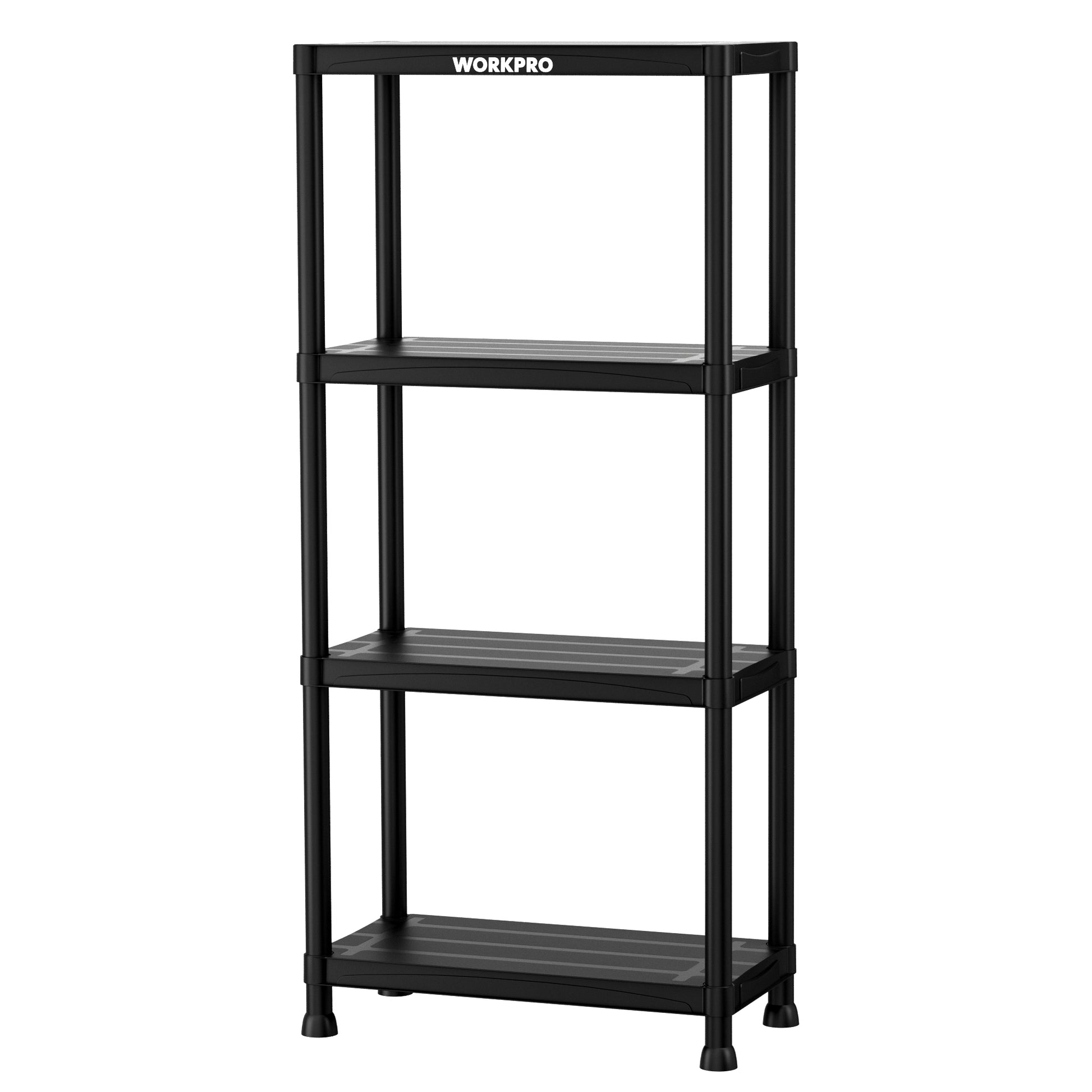 Black 4-tier plastic storage shelf, open frame with three fixed shelves