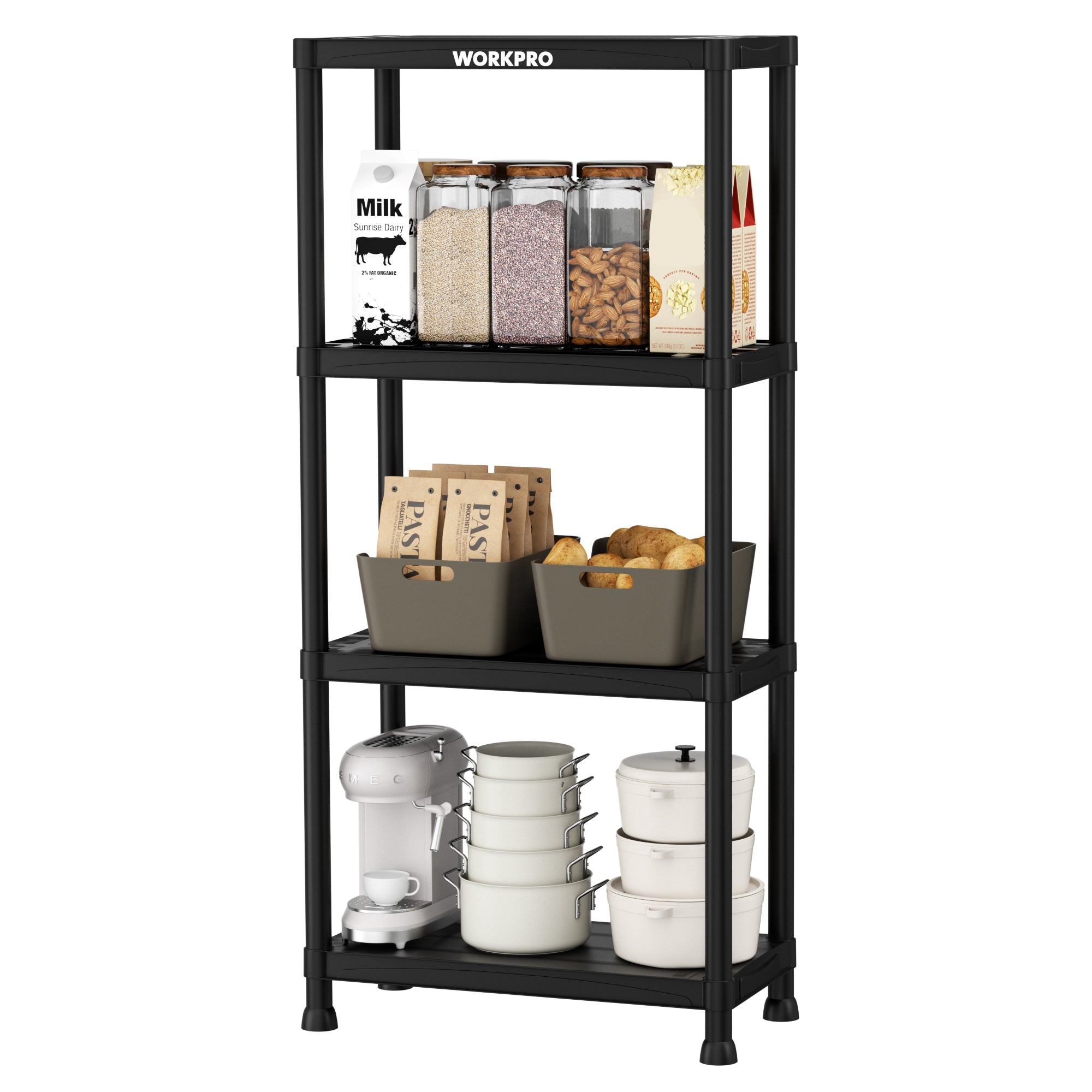 Black 4-tier plastic storage shelf holding jars, containers, and stacked dishware
