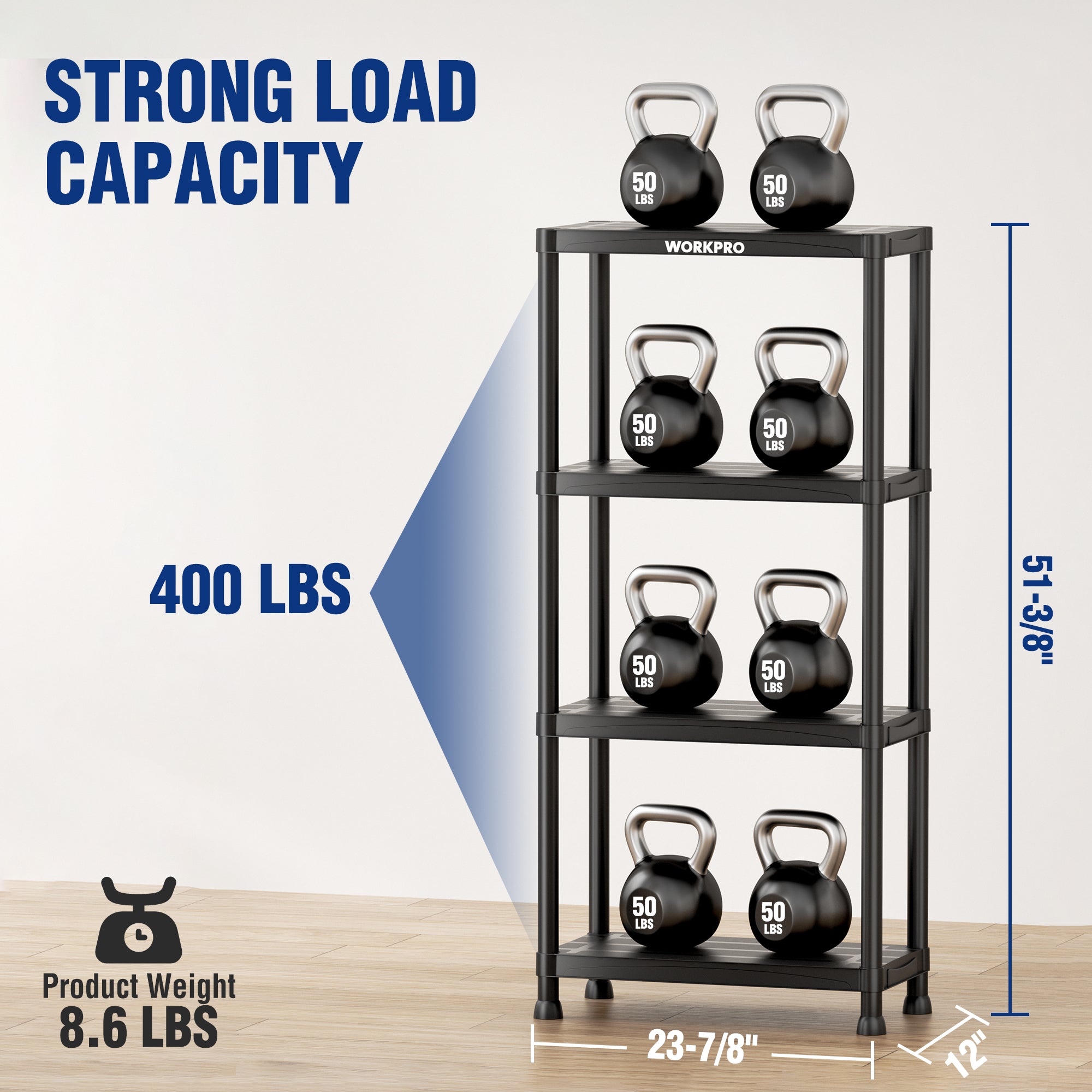 Black 4-tier storage shelf with kettlebells on top for load display