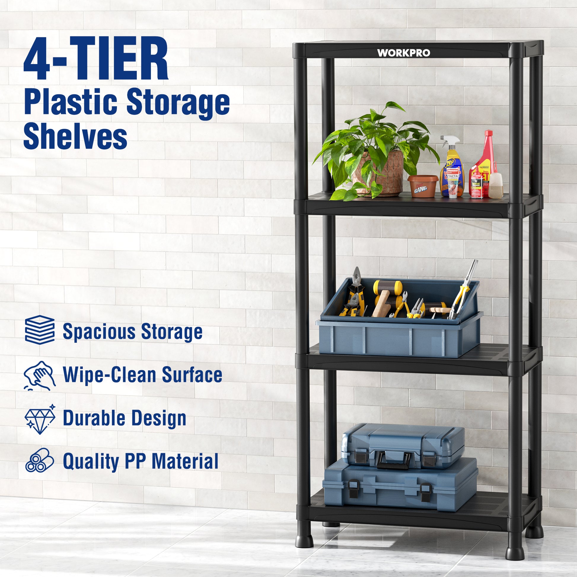 Black 4-tier plastic storage shelf with bottles, boxes, tools, and a potted plant