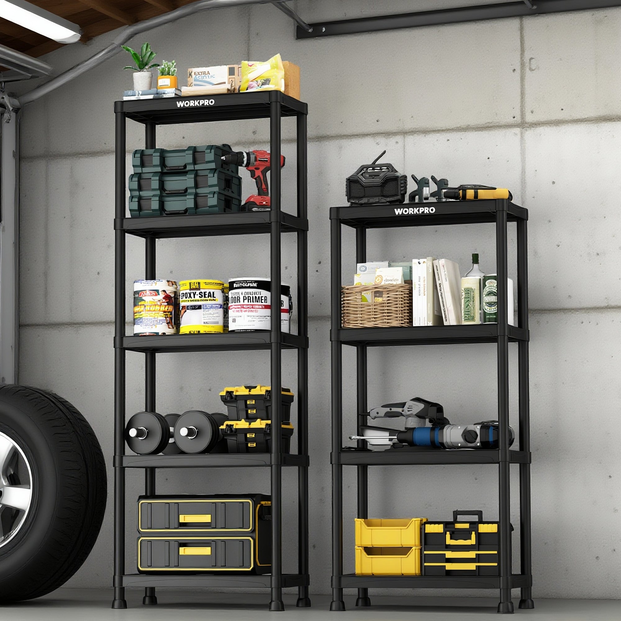 Two black 4-tier plastic storage shelves filled with tools, bins, and supplies
