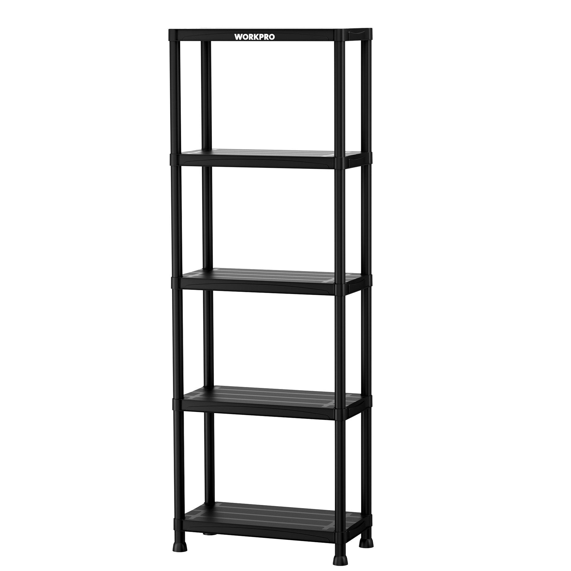 Black 5-tier plastic storage shelf, freestanding utility organizer with four legs