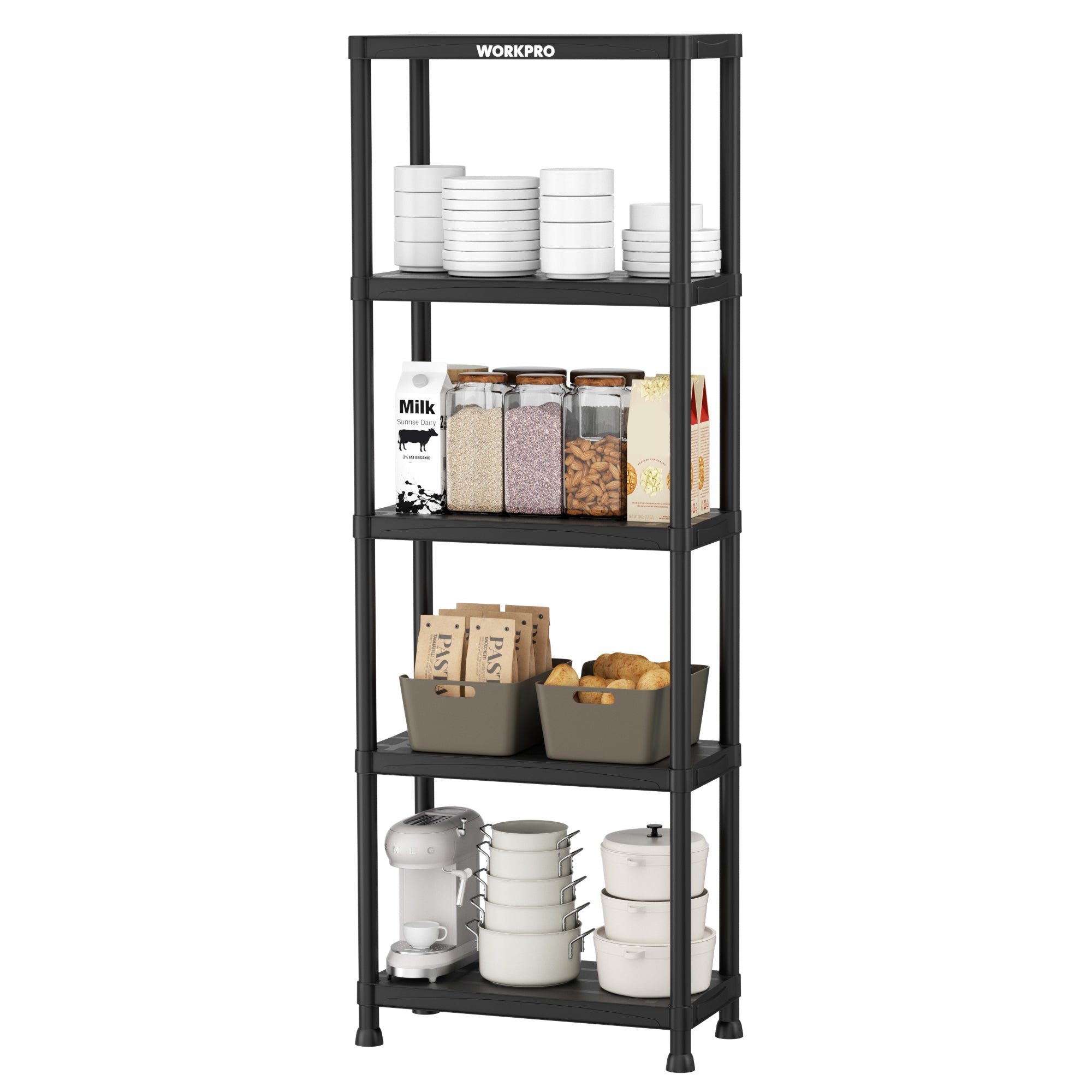 Black 5-tier storage shelf with items on multiple tiers, including jars and boxes