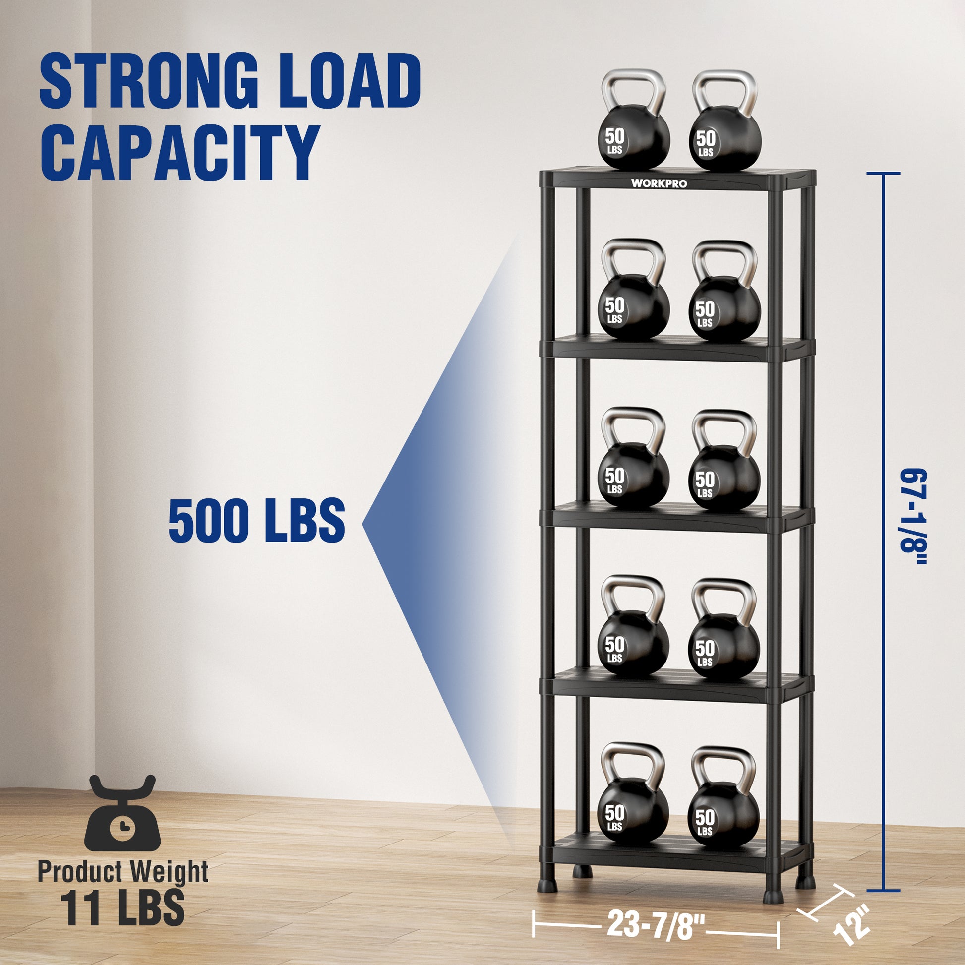 Black 5-tier shelf with kettlebells placed on the upper tiers