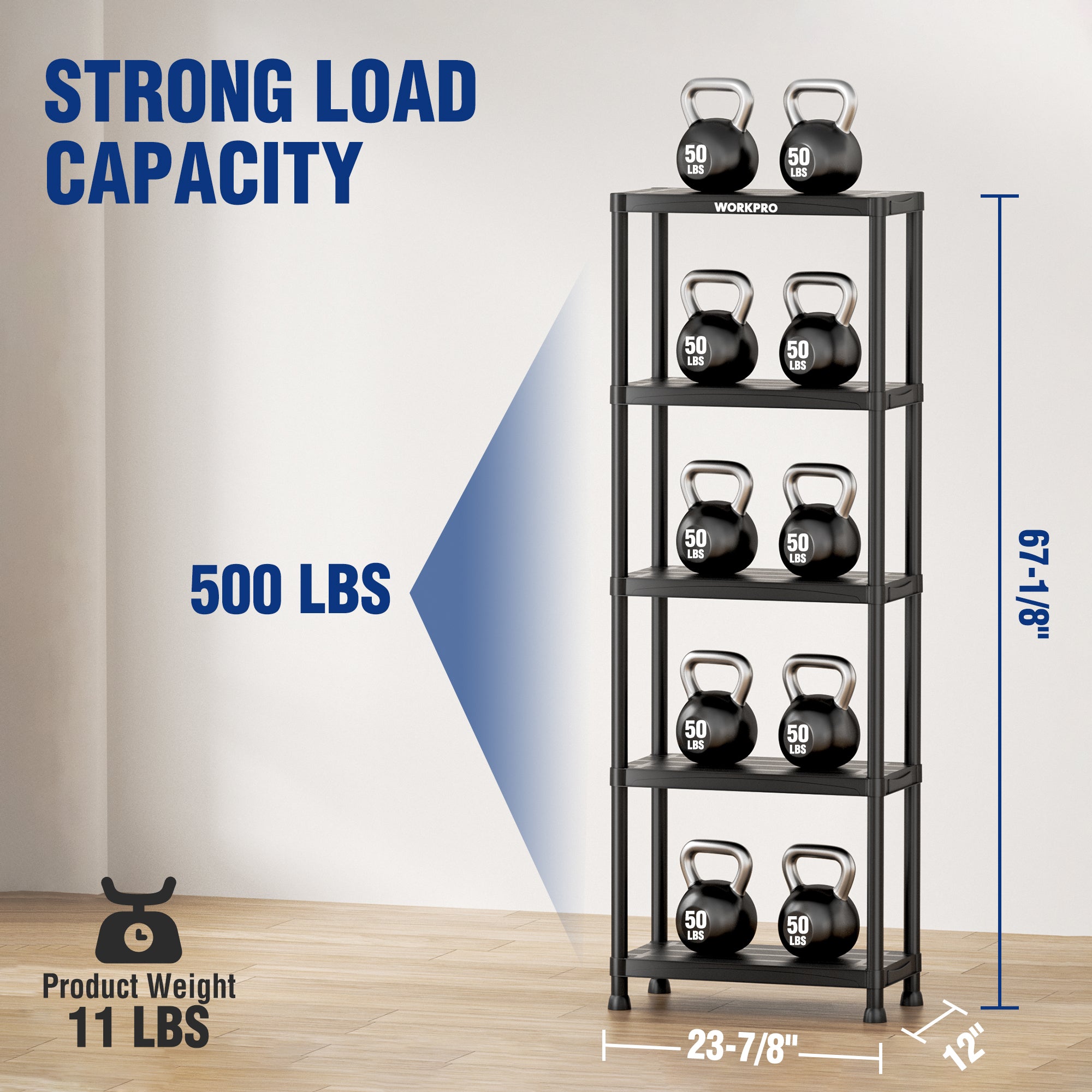 Black 5-tier shelf with kettlebells placed on the upper tiers
