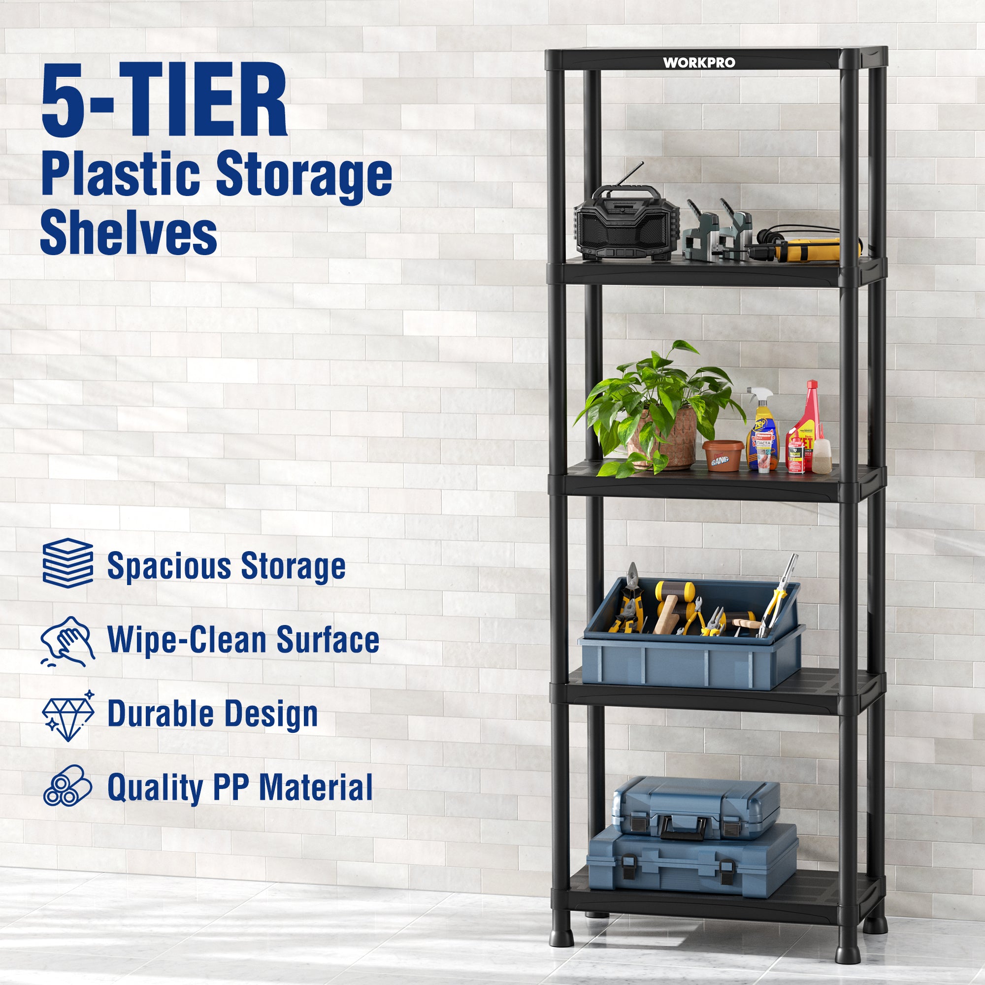 Black 5-tier plastic storage shelf with tools, plant, and supplies on the tiers