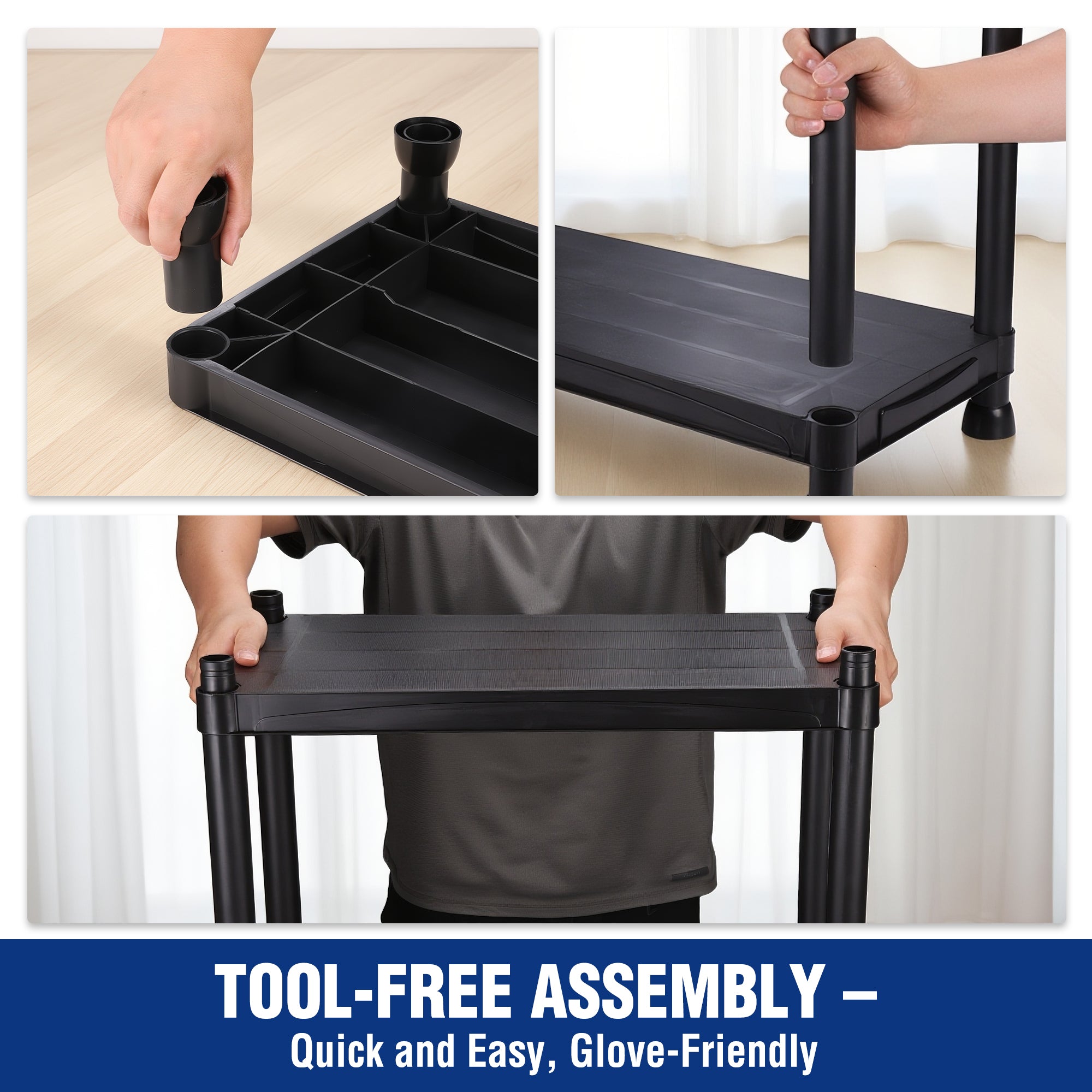 Black 5-tier shelf assembly shown with hands fitting a corner plastic post