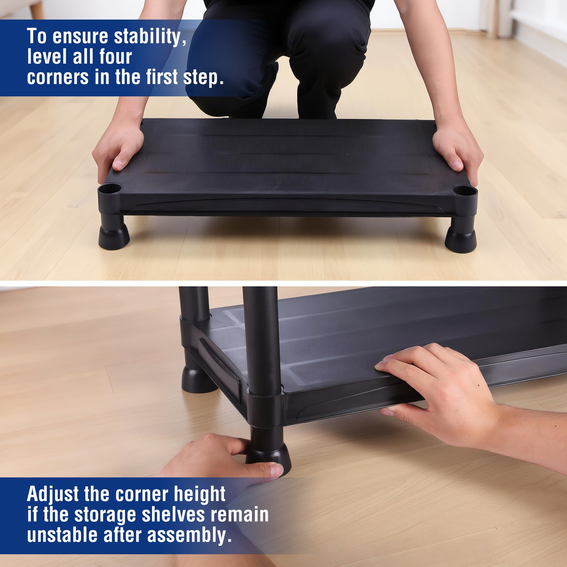 Black 5-tier shelf corner adjustment with hands holding a tier during setup