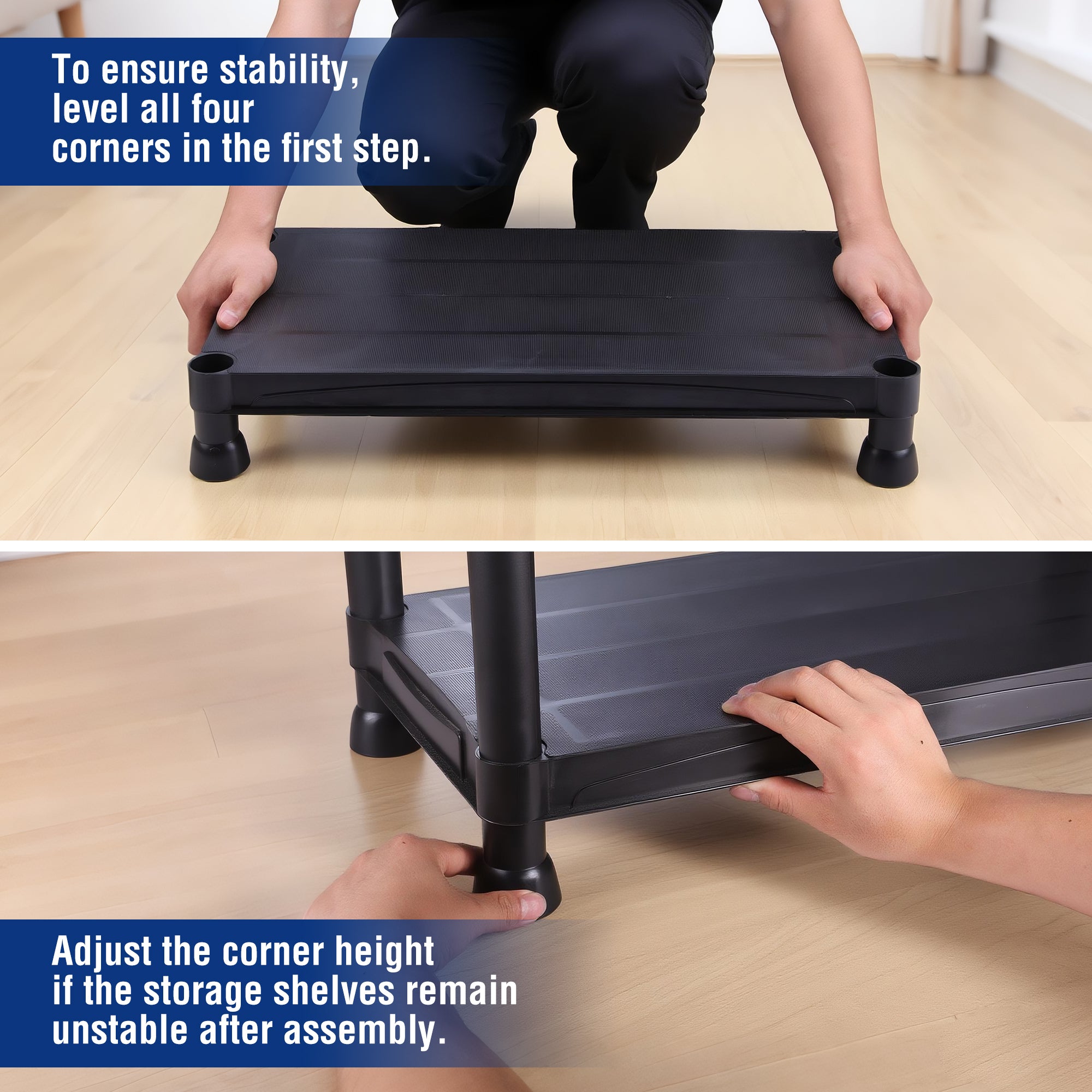 Black 5-tier shelf corner adjustment with hands holding a tier during setup