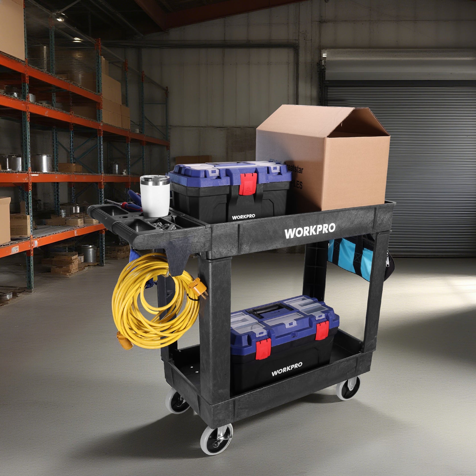 Black 2-tier rolling utility cart with top platform and lower shelf, four casters