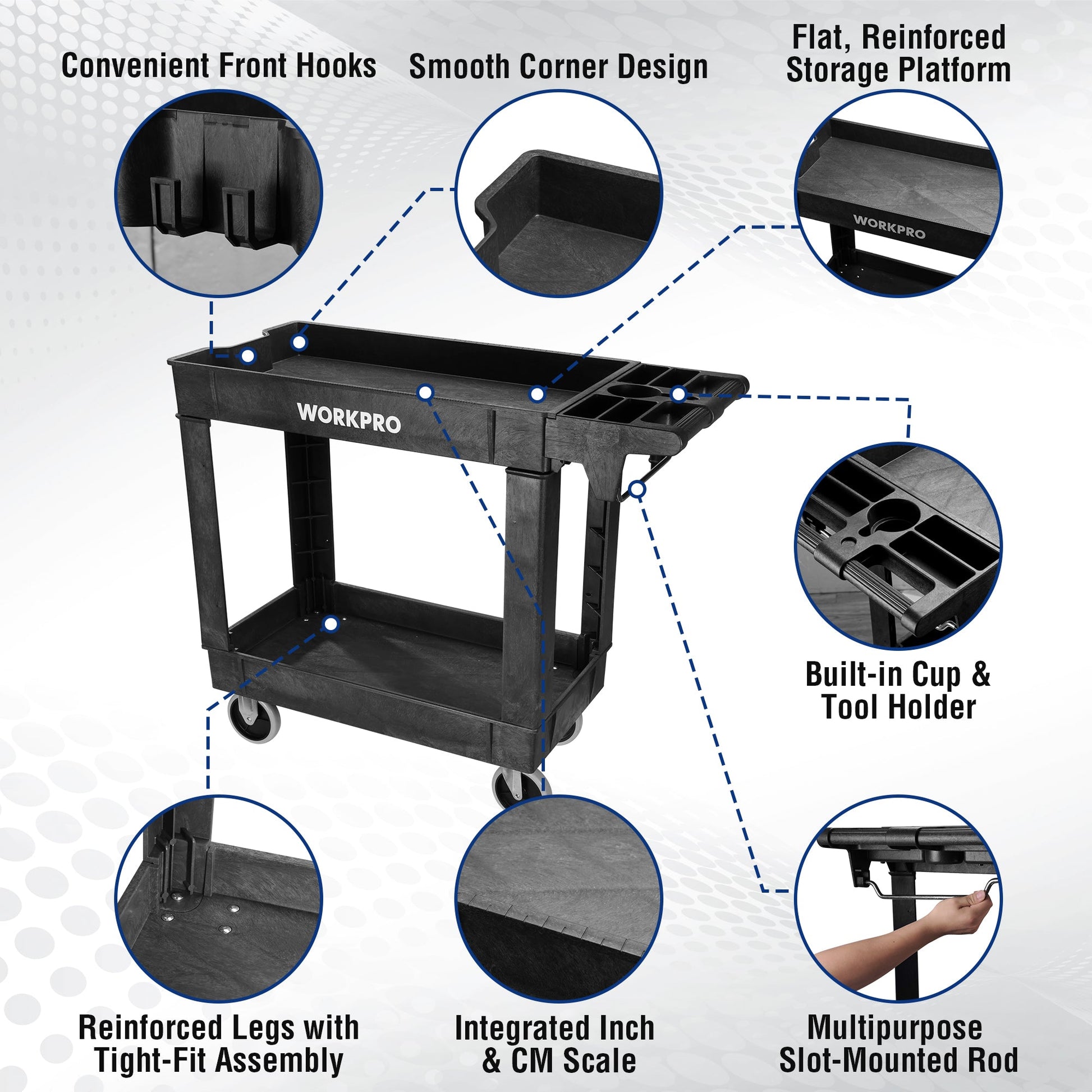 Black 2-tier work cart with front hooks, reinforced legs, and inch/cm scale on side