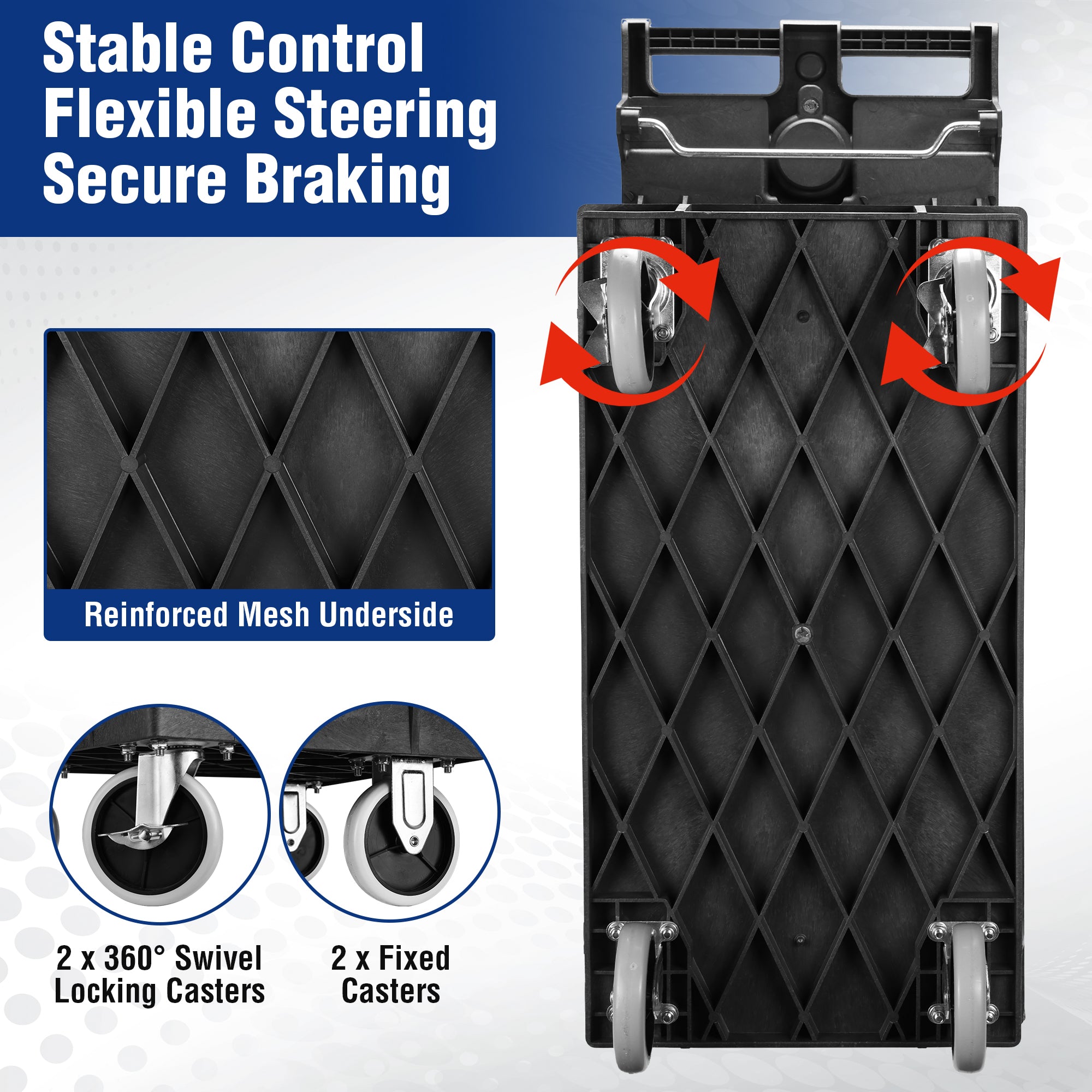 Black cart with 360° swivel locking casters and reinforced base corners