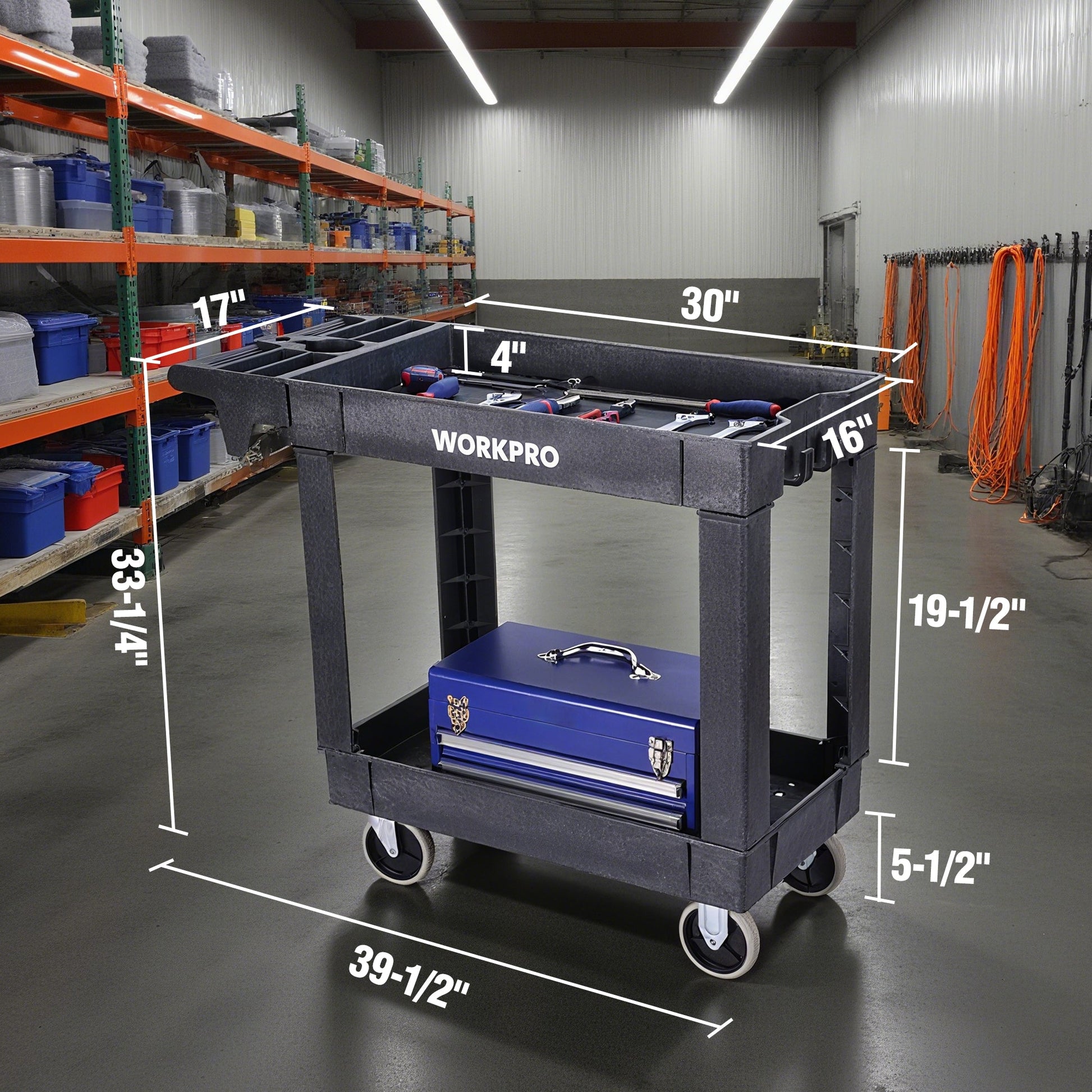 Black 2-tier rolling utility cart with top tray and lower shelf on swivel casters