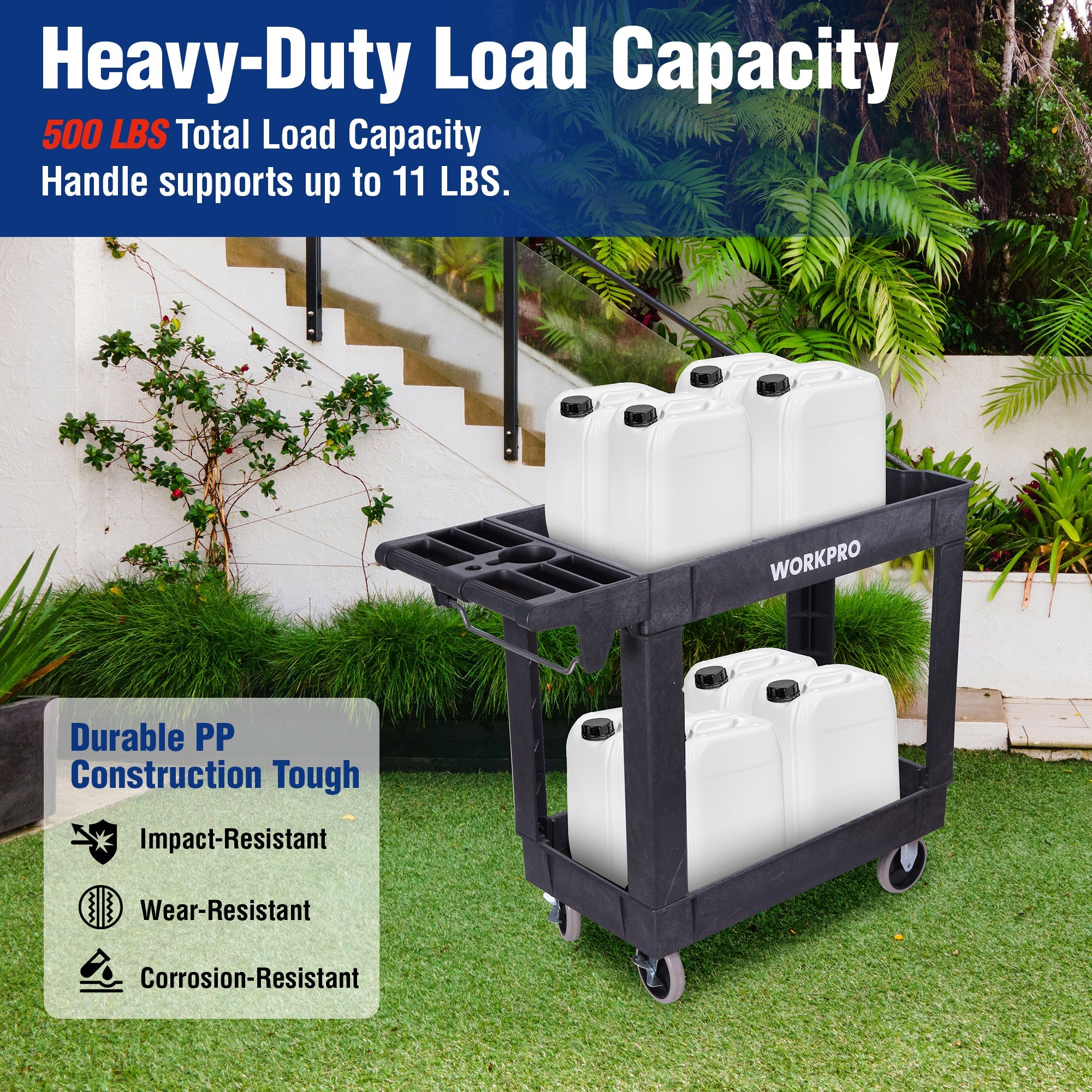 WORKPRO black open 2-tier PP plastic utility cart with four rolling casters