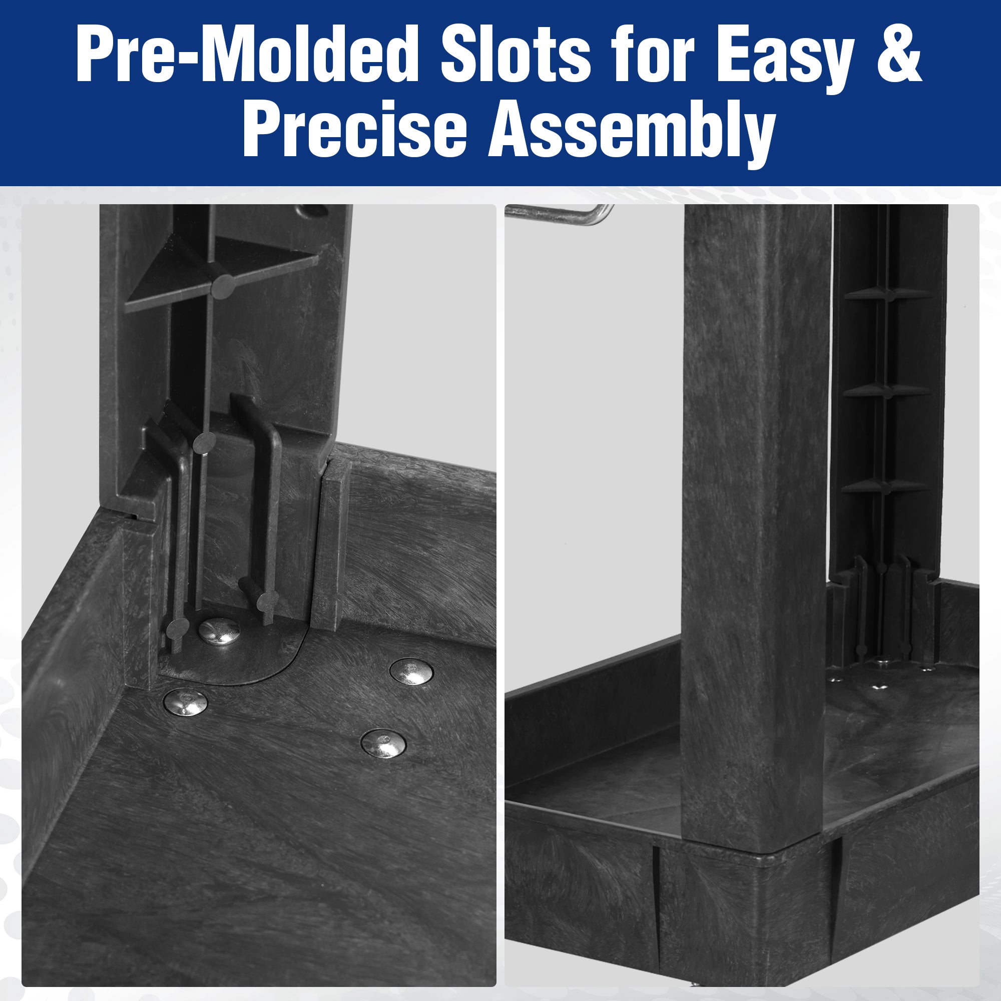 Black plastic cart components with pre-molded slots for easy assembly