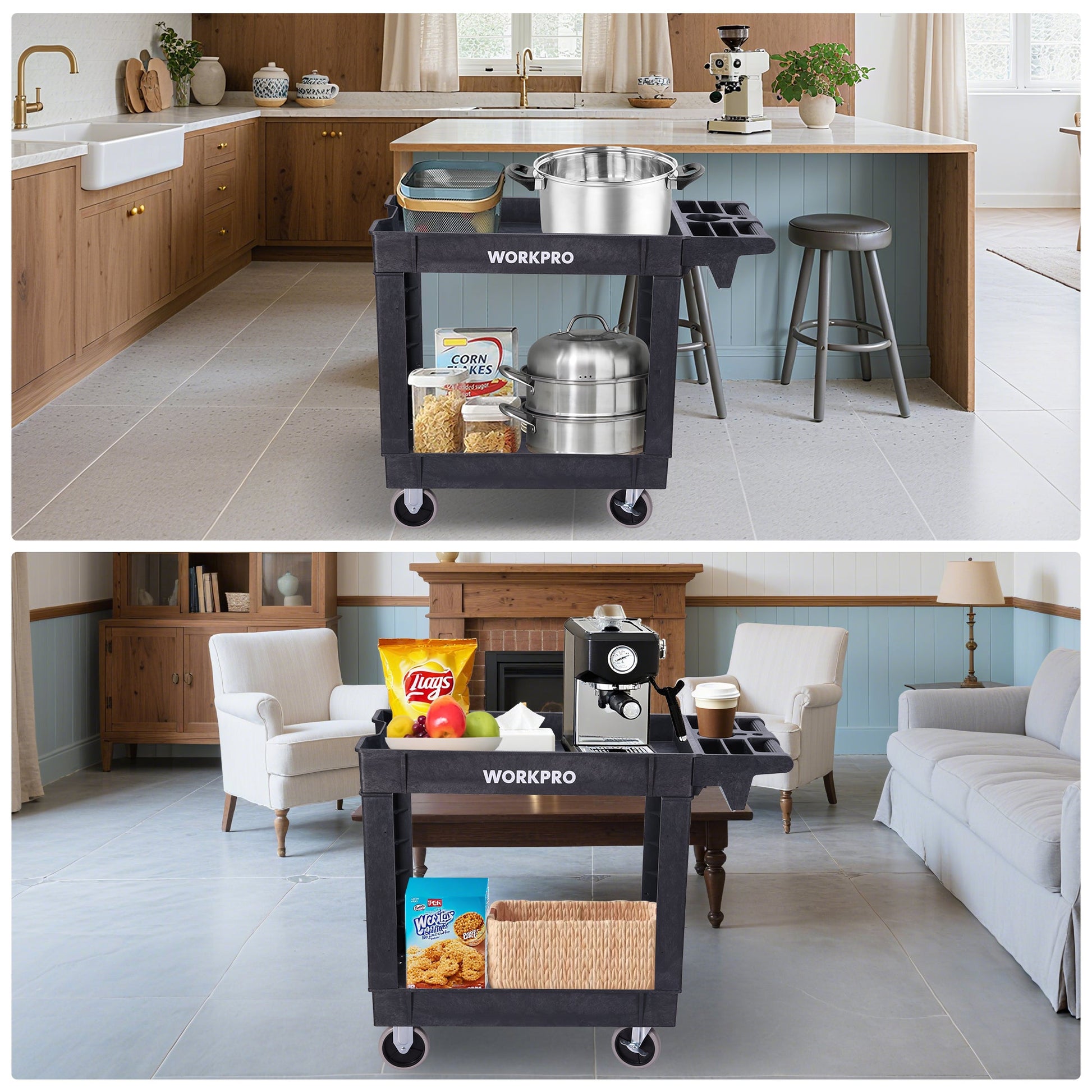 Black 2-tier cart on caster wheels for kitchen and home storage supplies