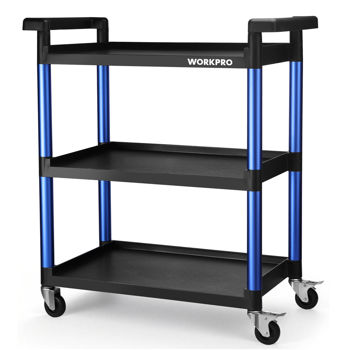 WORKPRO 3-Tier Service Utility Cart, 400LBS Plastic Rolling Cart with Handles & Lockable Wheels, Heavy Duty Storage Cart for Restaurant, Kitchen, Office, Garage, Warehouse