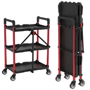 WORKPRO 3-Tier Collapsible Service Cart, Black/Red, 210 LBS Foldable Utility Cart with Wheels, Portable Rolling Tool Cart for Garage, Warehouse, Home, Restaurant and Office (No Assembly Required)