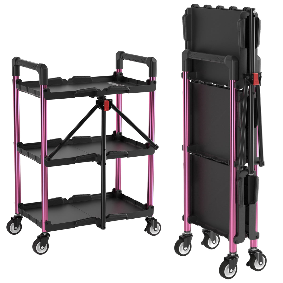 WORKPRO 3-Tier Collapsible Service Cart, Black/Pink, 210 LBS Foldable Utility Cart with Wheels, Portable Rolling Tool Cart for Garage, Warehouse, Home, Restaurant and Office (No Assembly Required)