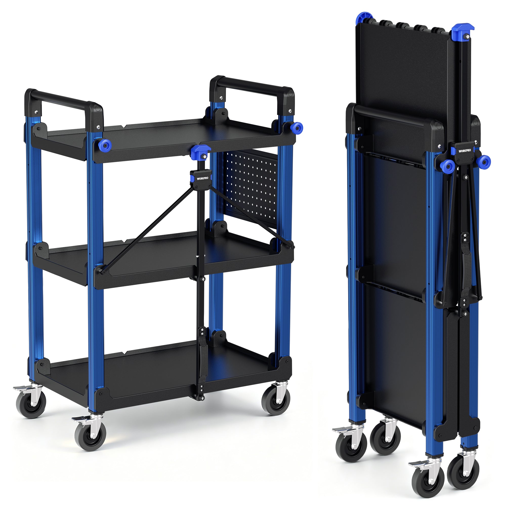 WORKPRO 3-Tier Heavy Duty Collapsible Service Cart-Blue and Black