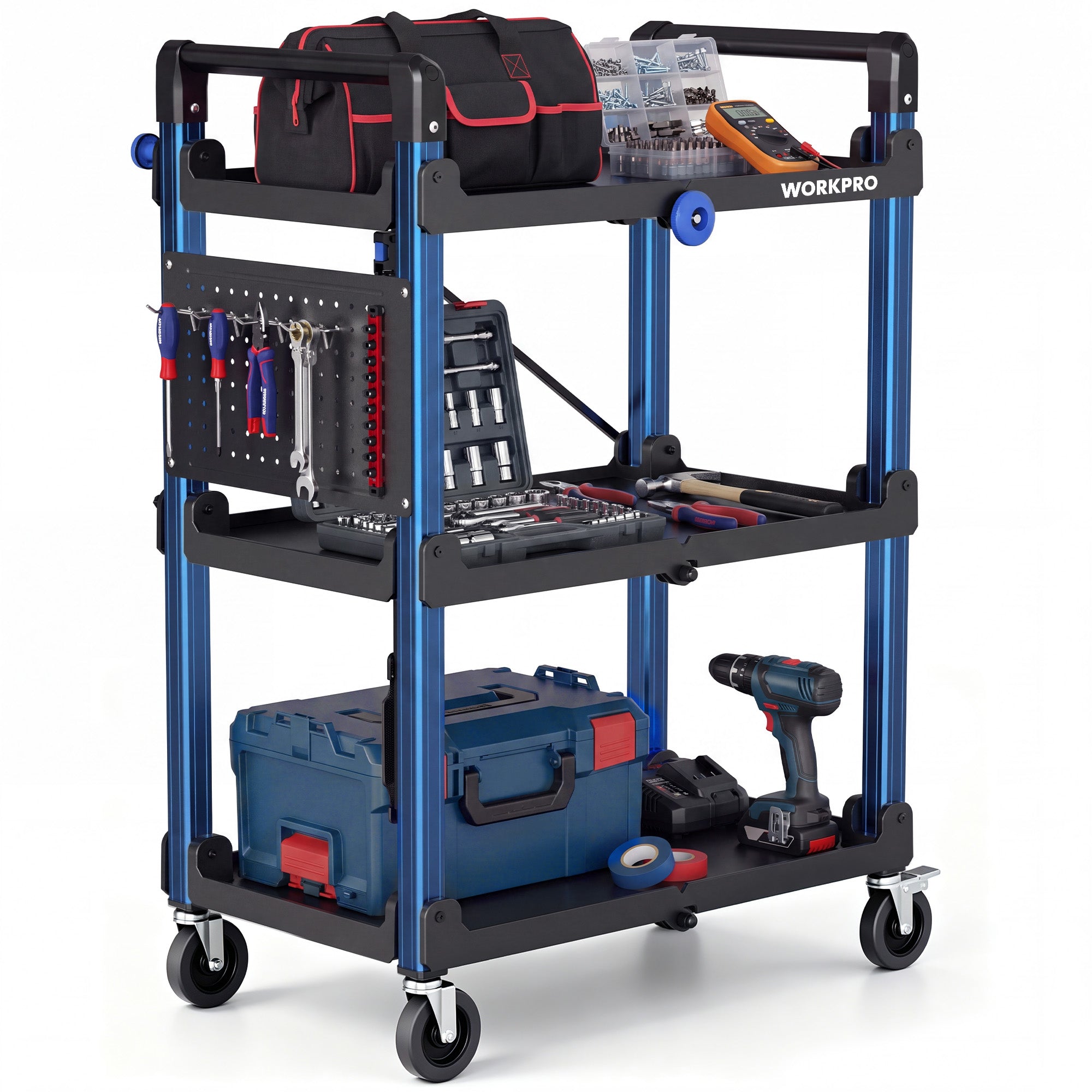 WORKPRO 3-Tier Heavy Duty Collapsible Service Cart-Blue and Black