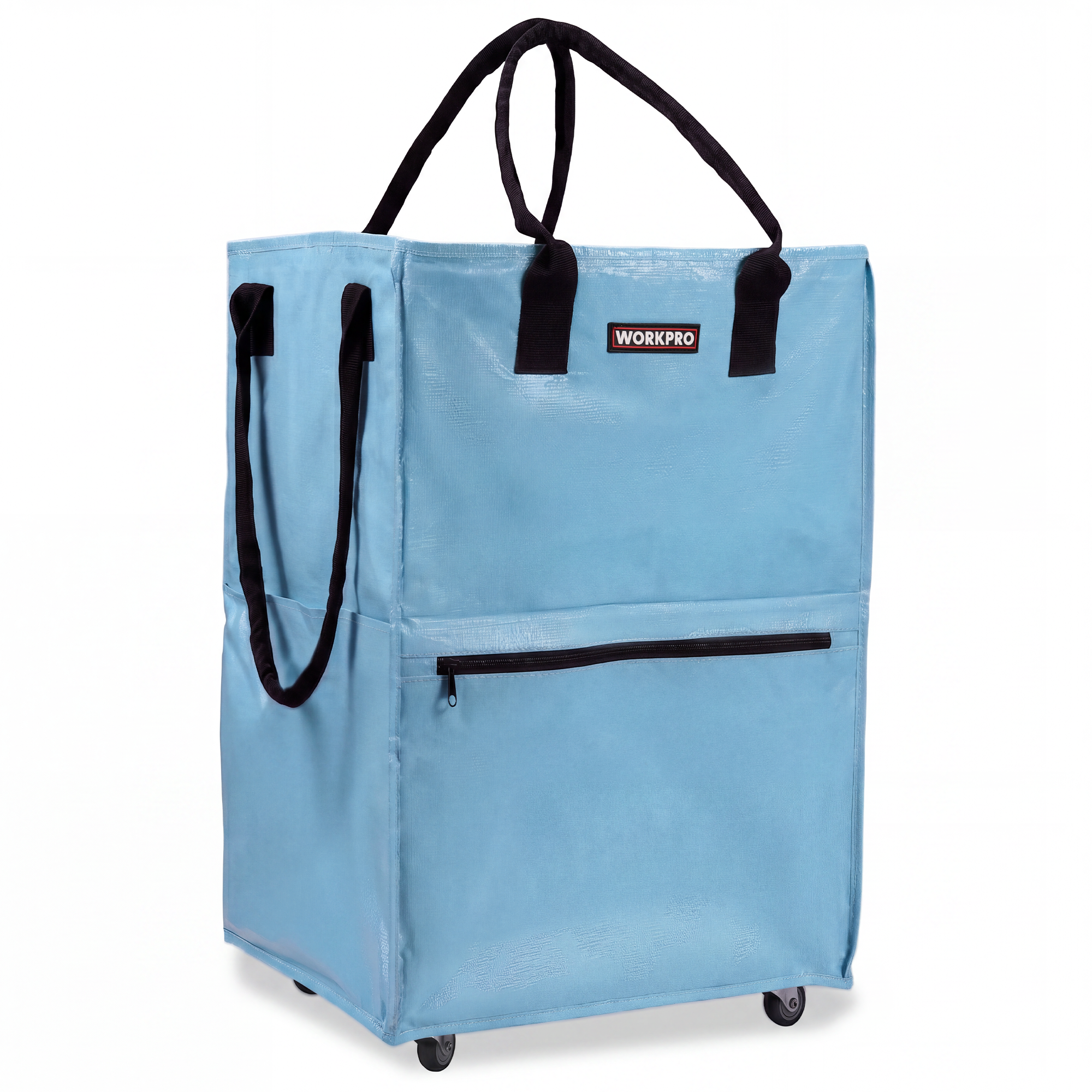 WORKPRO Medium Rolling Grocery Bag with 4 wheels in blue with wide zipper closure, durable quality innovation