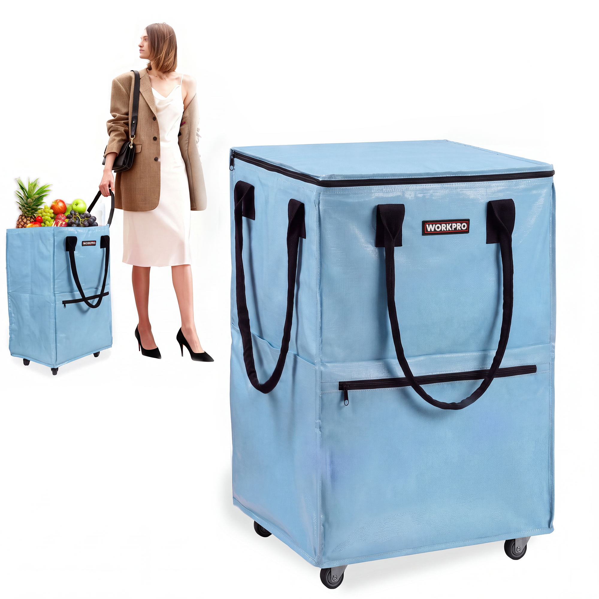 WORKPRO Medium Rolling Grocery Bag tote in light blue with innovation, quality, durable 4 swivel wheels