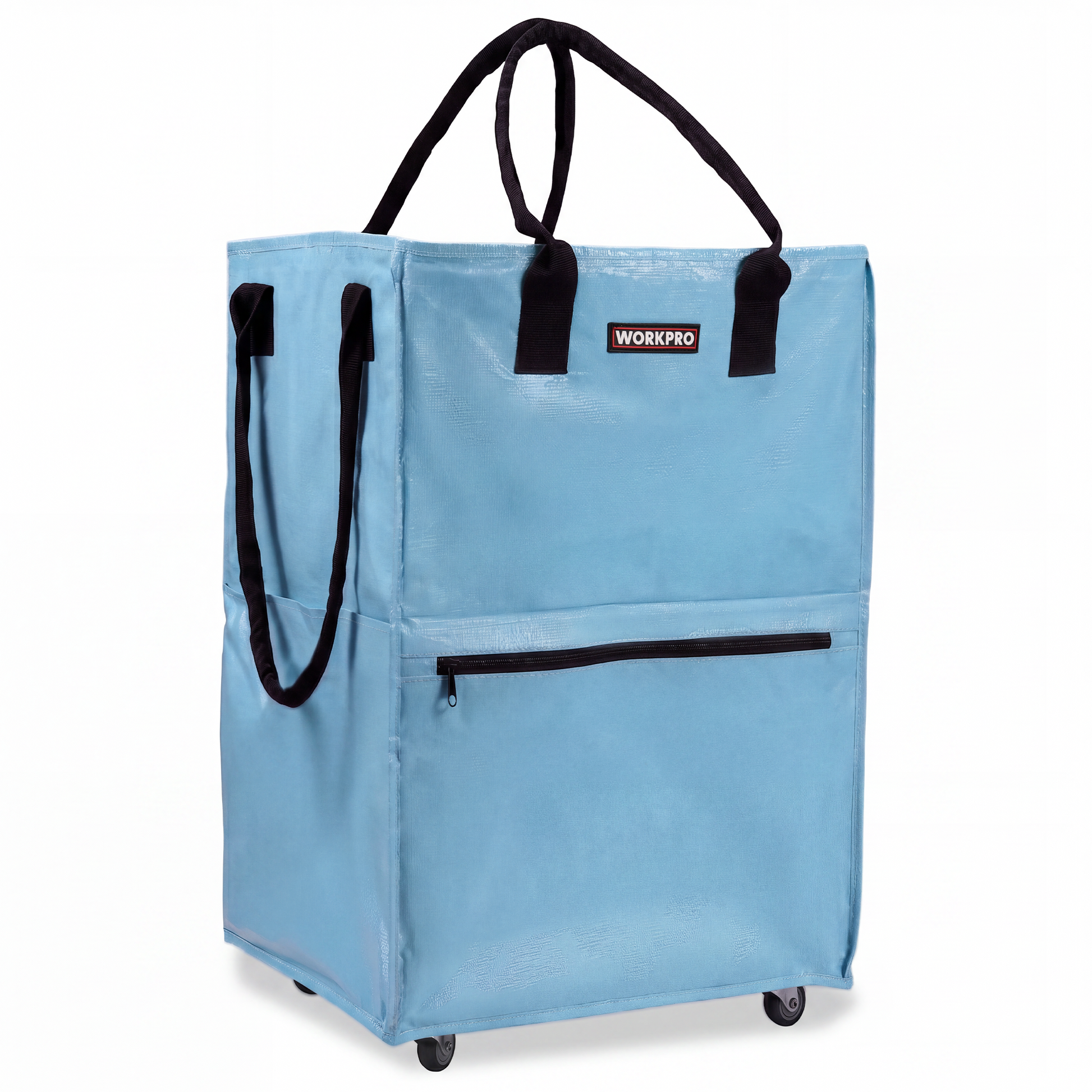 WORKPRO Large Rolling Grocery Bag tote in light blue with black handles, durable quality innovation and secure wheels