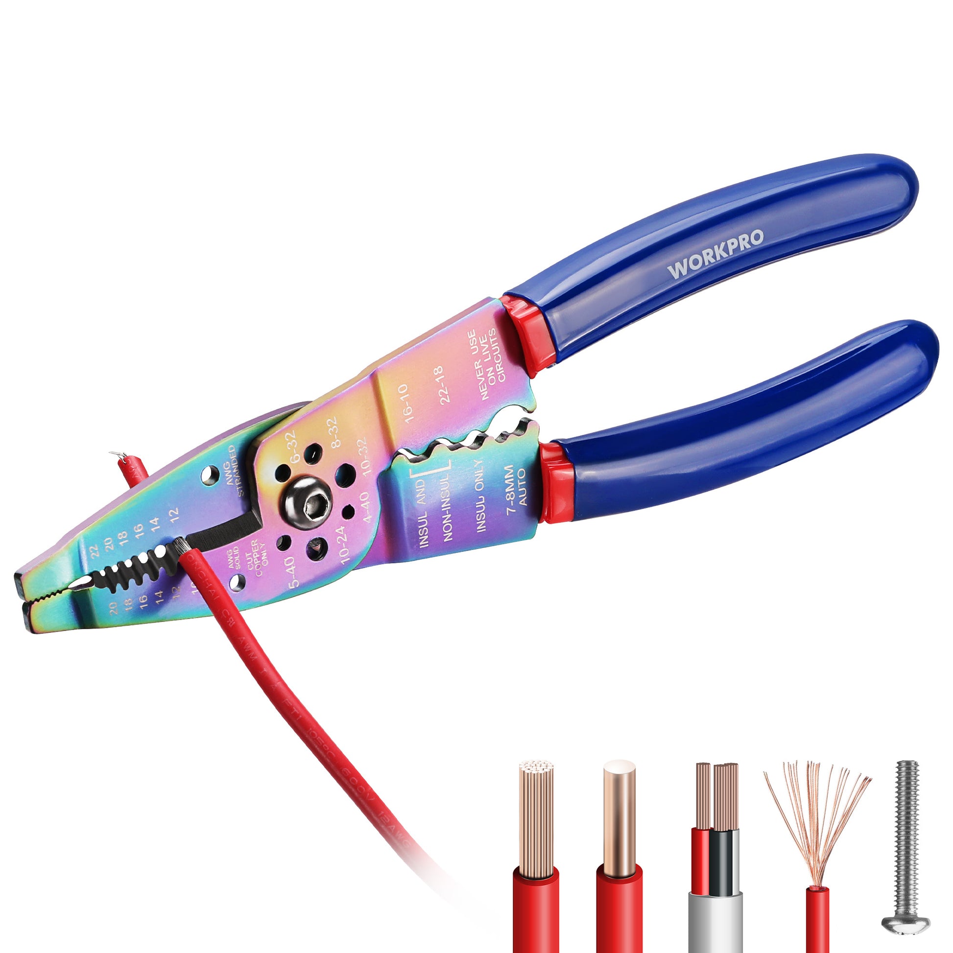 WORKPRO 8 inch wire stripper crimper and cutter tool with titanium coated cutting edges, durable and secure