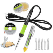 WORKPRO soldering iron kit with green handle, cord, tips, solder wick, and holders