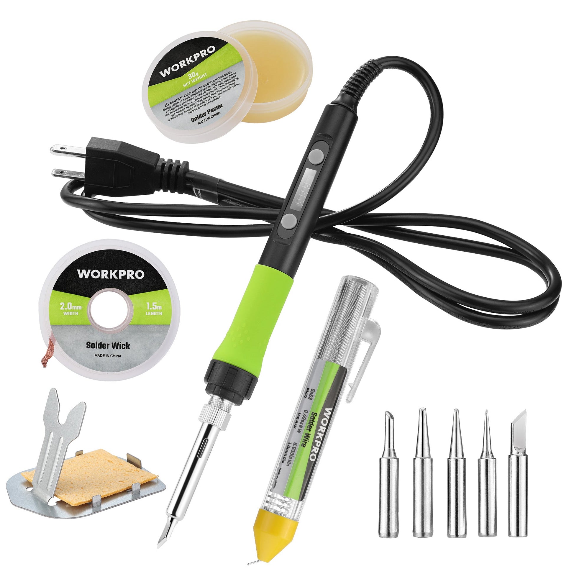 WORKPRO soldering iron kit with green handle, cord, tips, solder wick, and holders