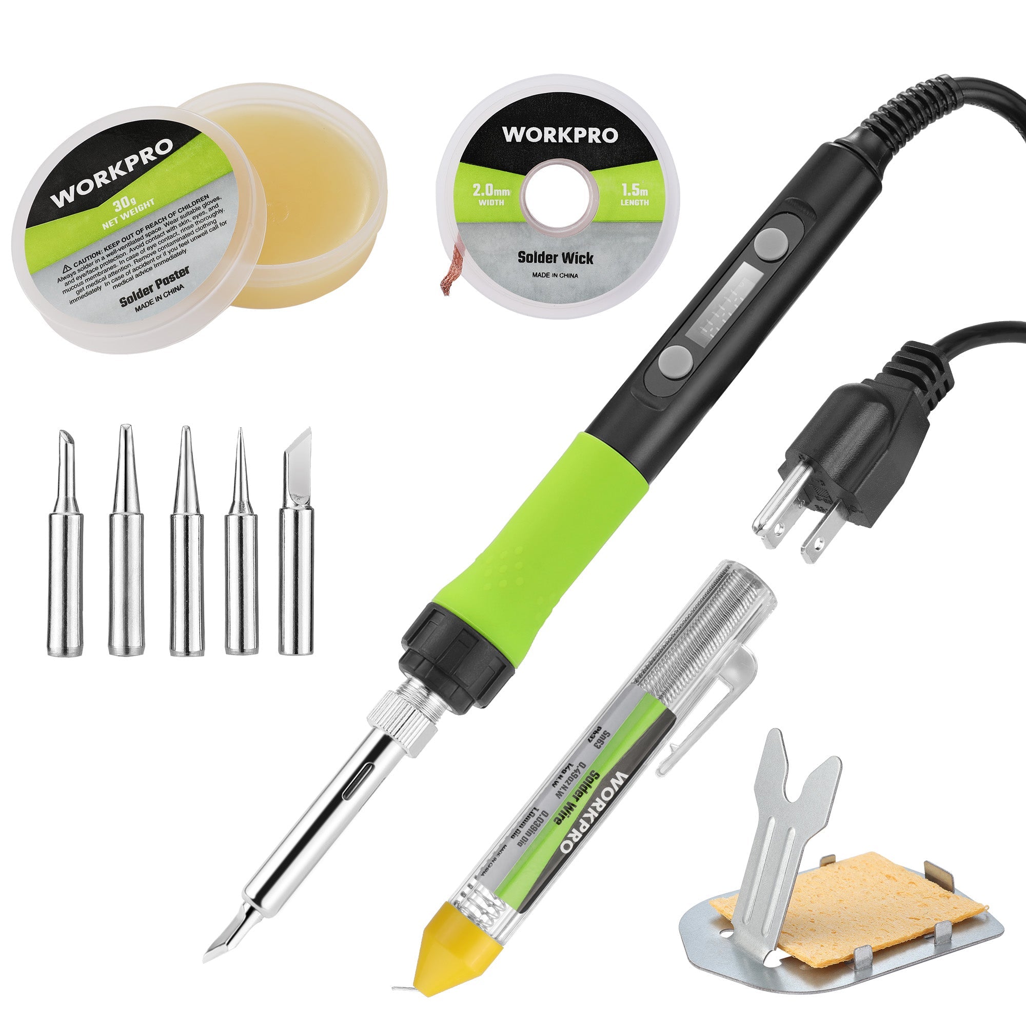 WORKPRO soldering iron with green grip and multiple metal tips plus solder wick spool