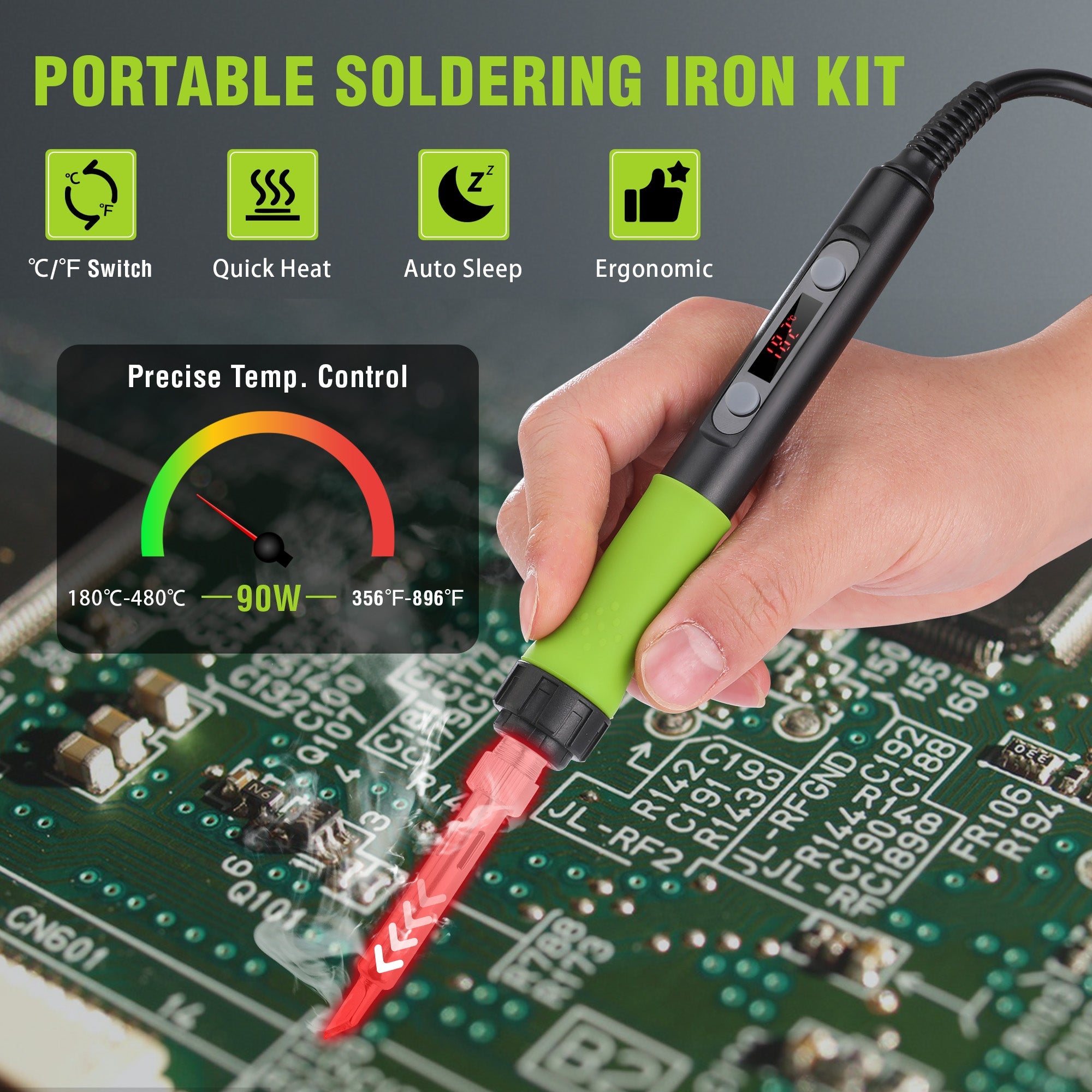 WORKPRO portable soldering iron with digital screen, in-hand use for circuit boards