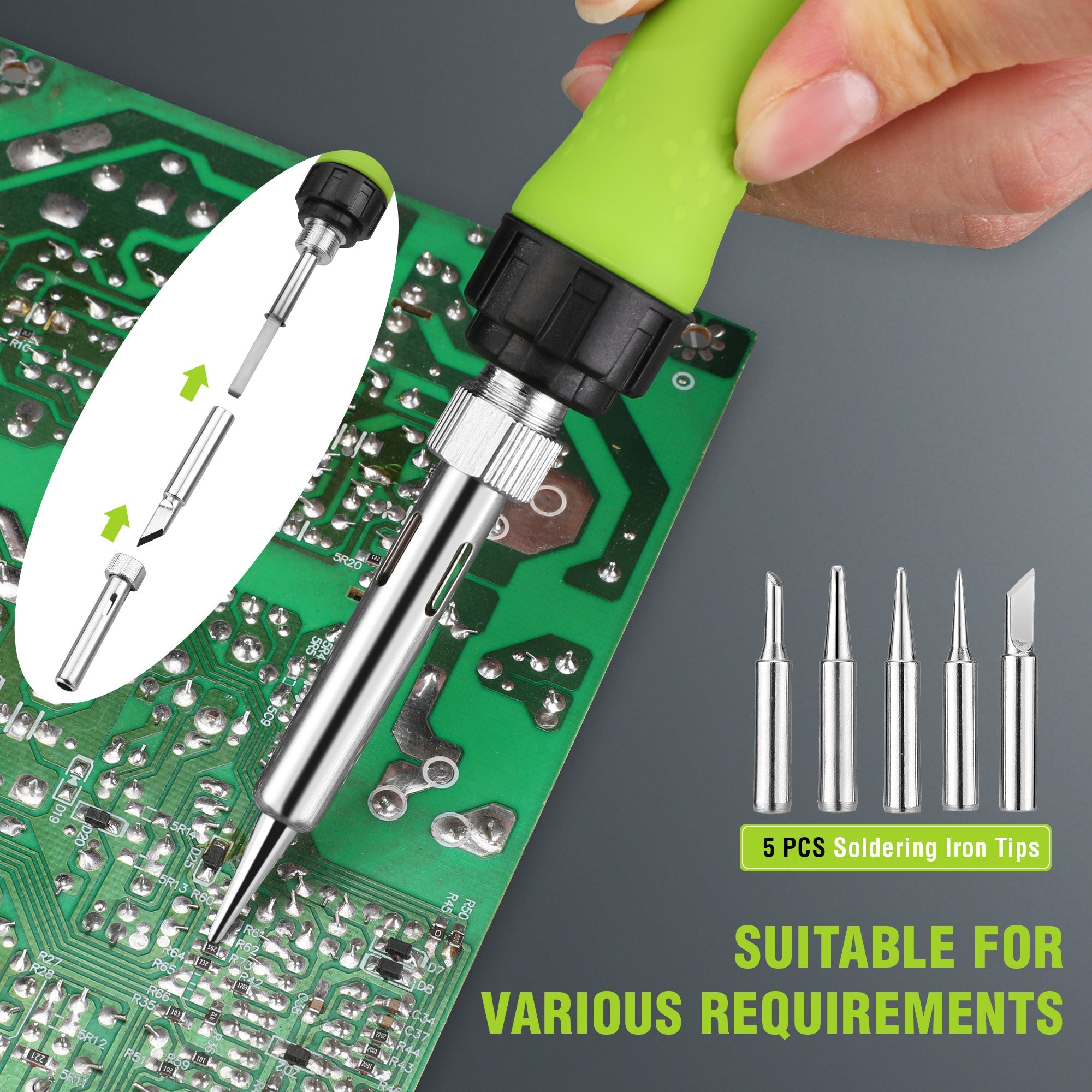 WORKPRO soldering iron tip on a PCB, with several replacement soldering tips included