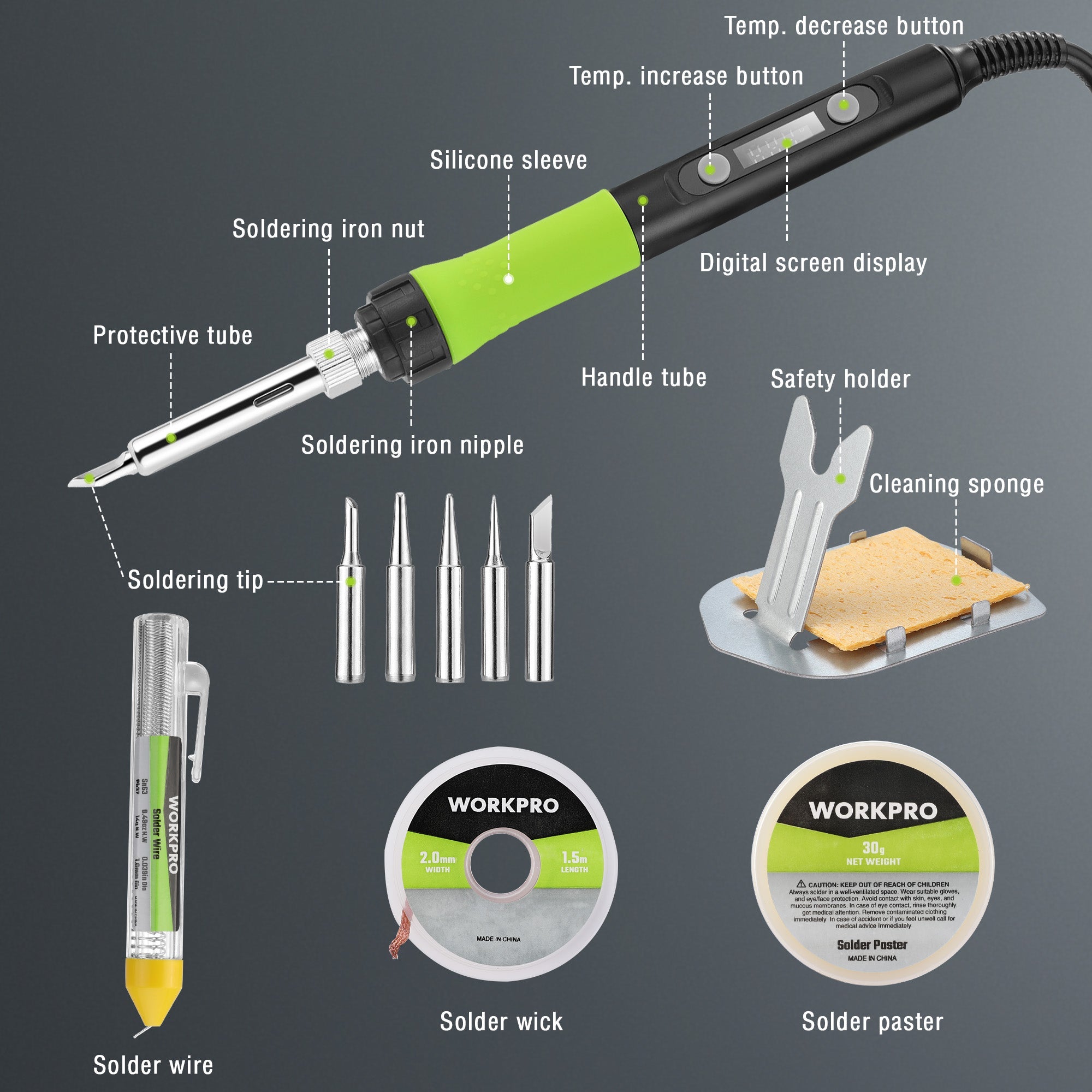 WORKPRO soldering iron kit parts labeled: digital display, buttons, safety holder, sponge