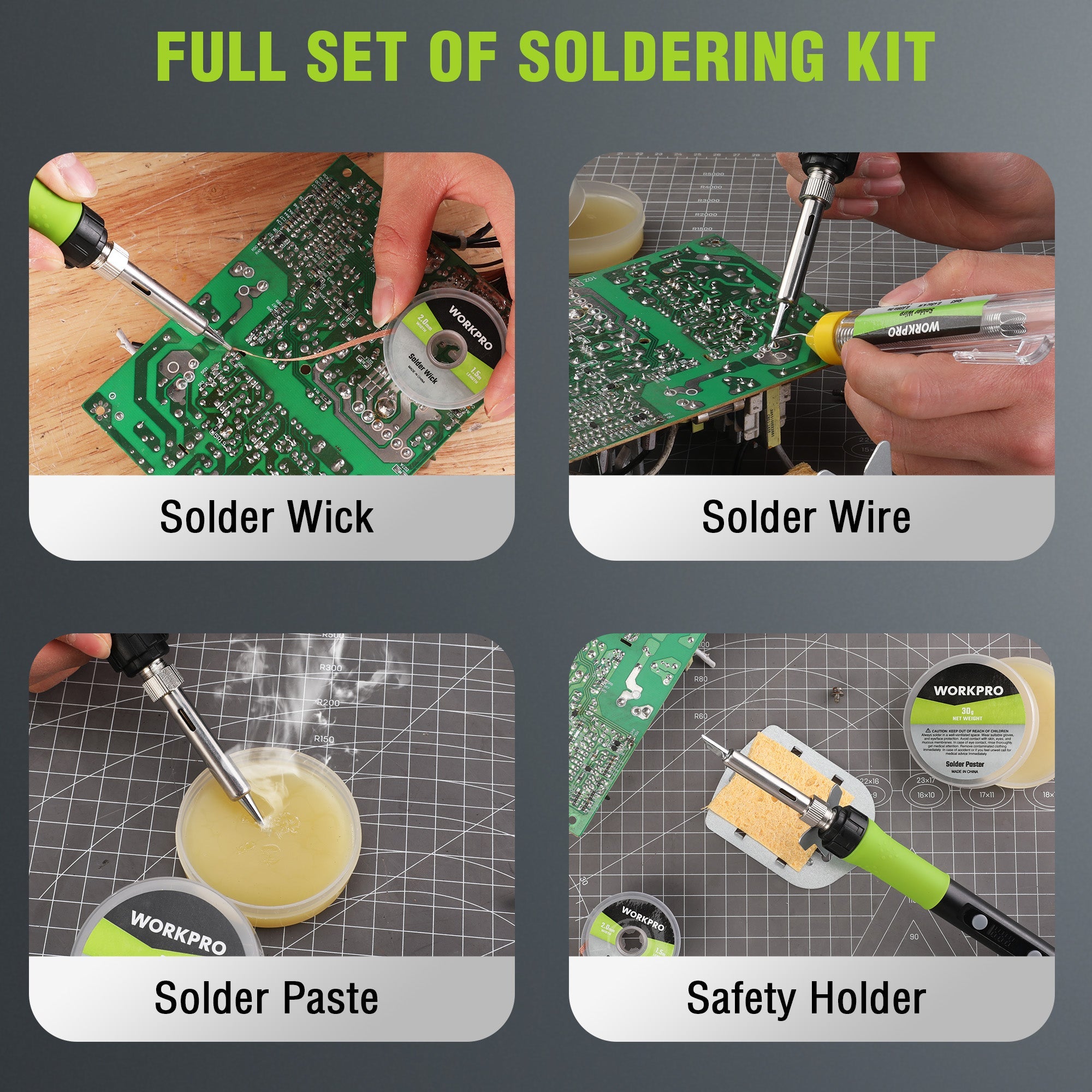 WORKPRO full soldering kit set with solder wick, solder wire, solder paste, and holder