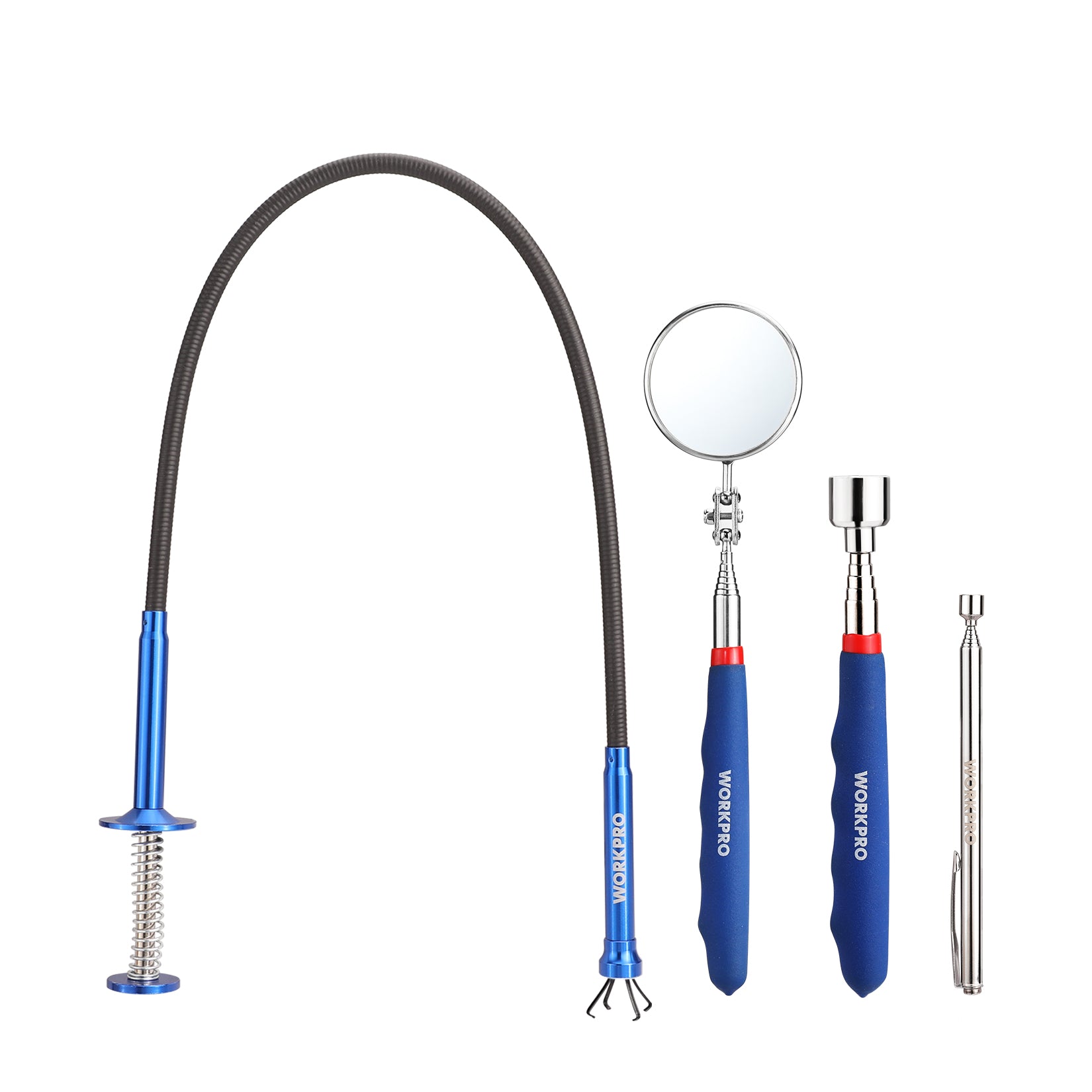 WORKPRO 4PC telescoping magnetic pick up tool kit in blue with innovation quality secure durable convenience