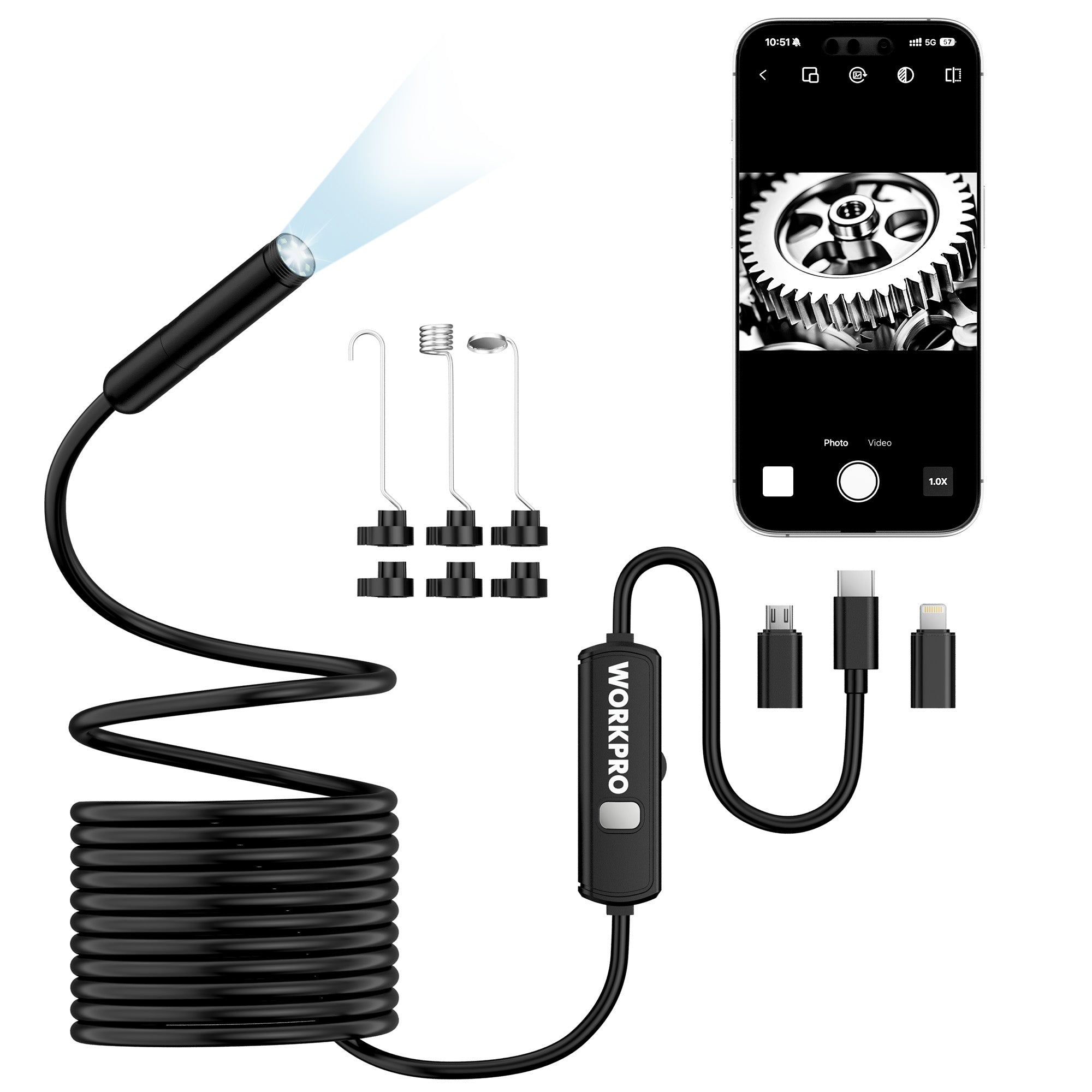 WORKPRO 16.4 ft industrial endoscope camera with innovation, quality, secure, durable, convenient LED lighting