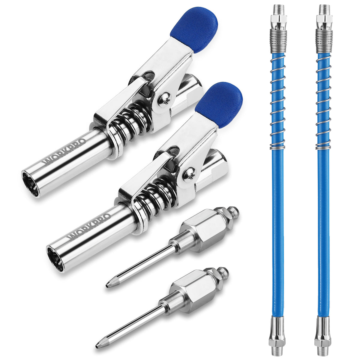WORKPRO Grease Gun Coupler Set, 2PCS Quick Release Grease Gun Couplers with 2PCS Grease Needles and 2PCS 12” Grease Hoses, 10000PSI Strong Lock onto Zerk Compatible with 1/8" NPT Grease Gun Fittings