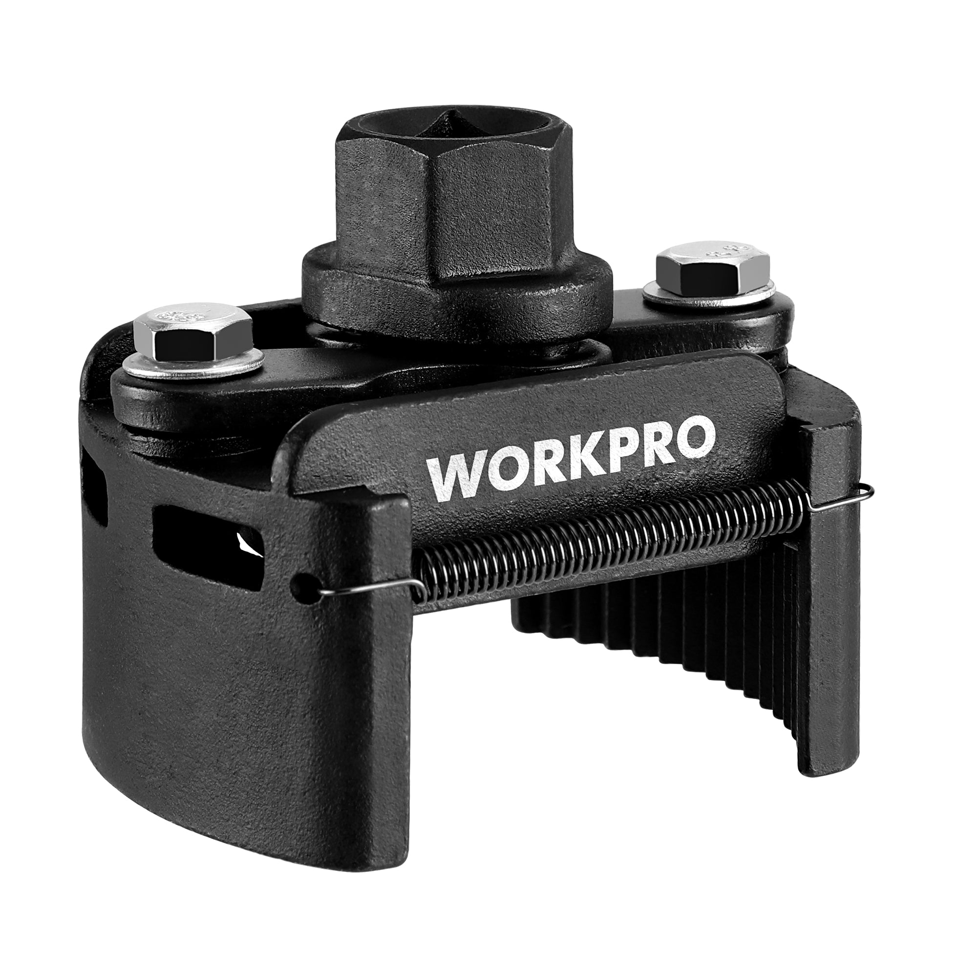 WORKPRO Universal Oil Filter Wrench with auto-clamp spring, durable quality metal, secure innovation
