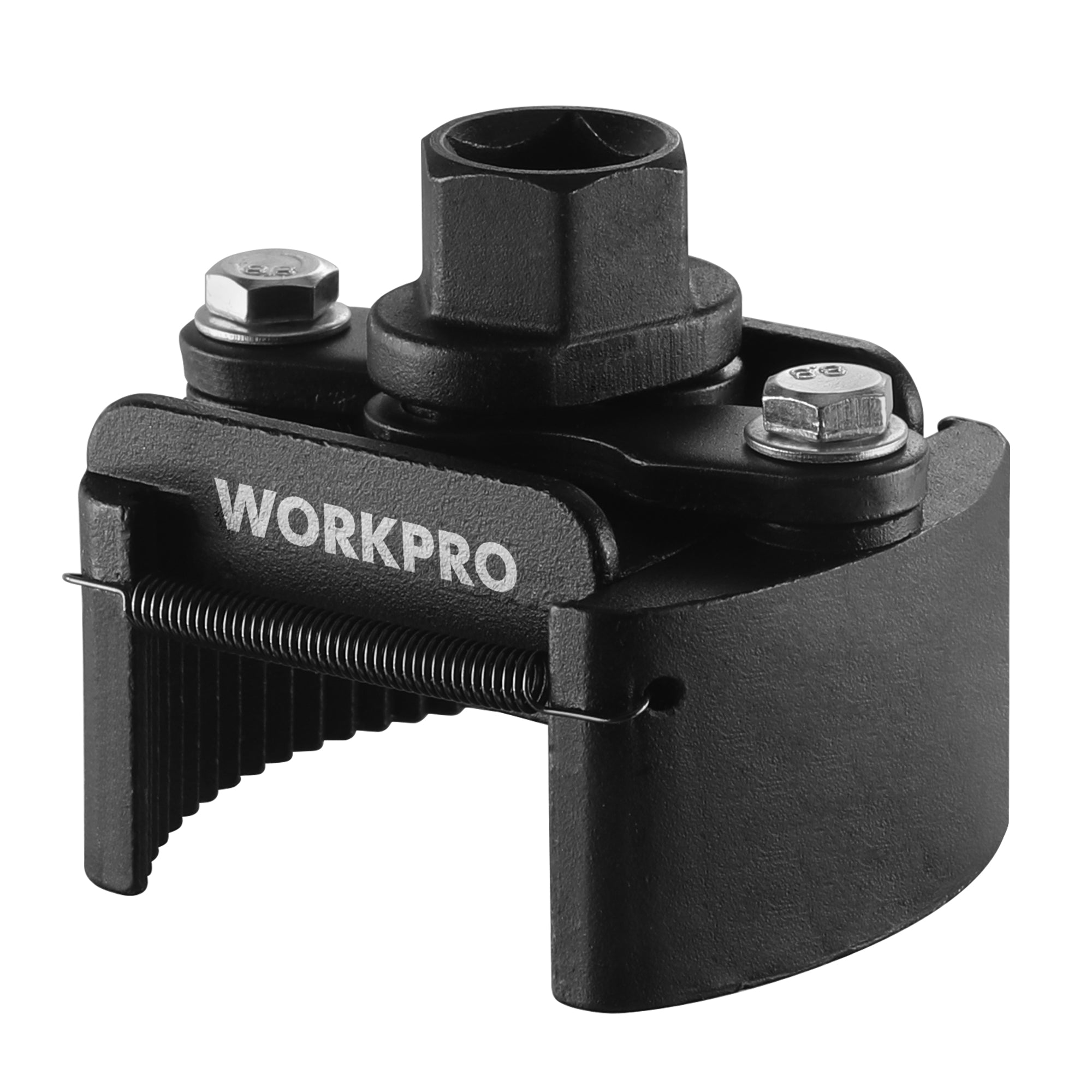 WORKPRO Universal Oil Filter Wrench with auto-clamp spring, durable metal construction, secure grip